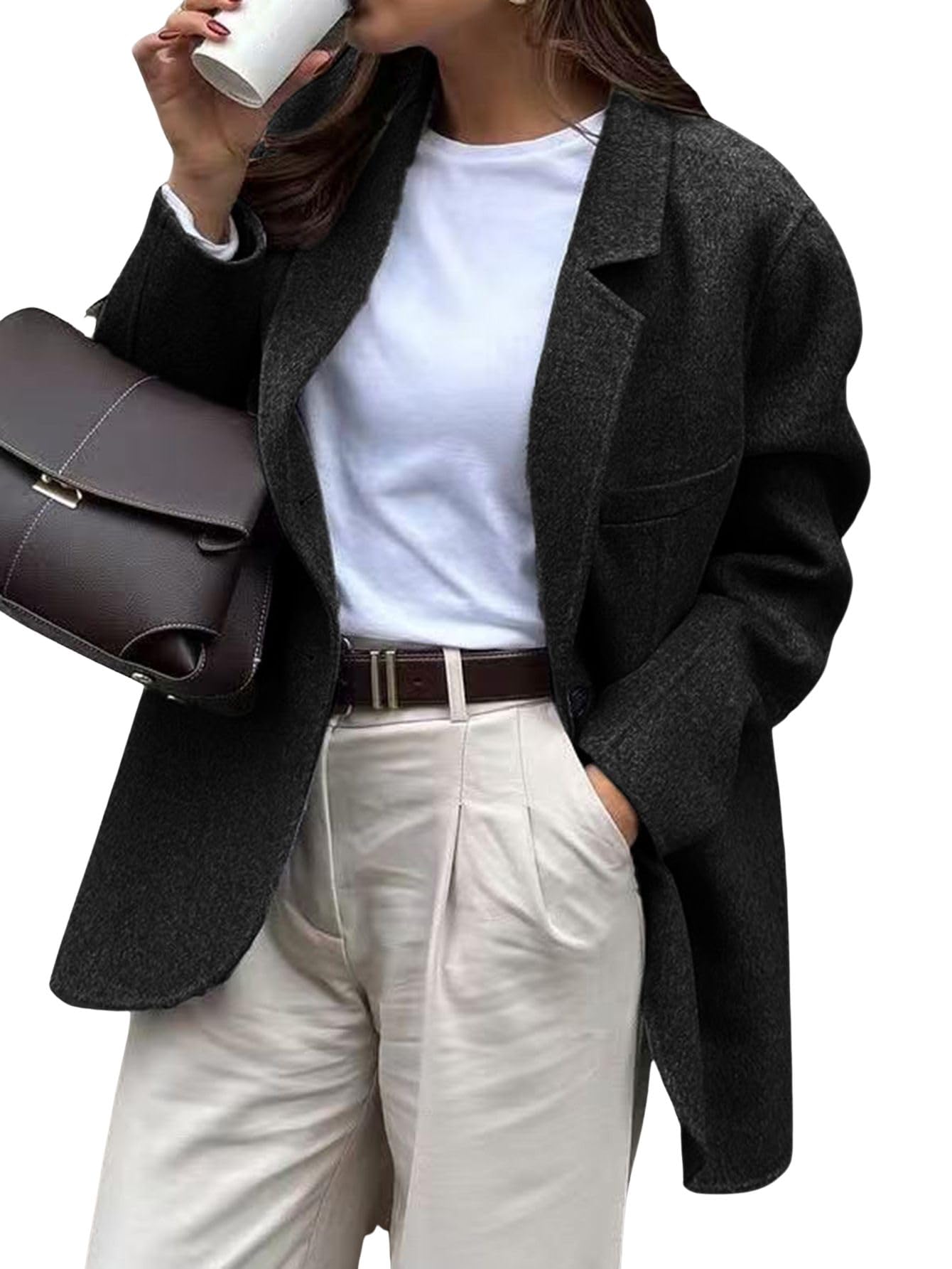 chouyatou Womens Business Casual Wool Coat Button Down Suit Top Notch Lapel Dressy Blazer Jacket Coat