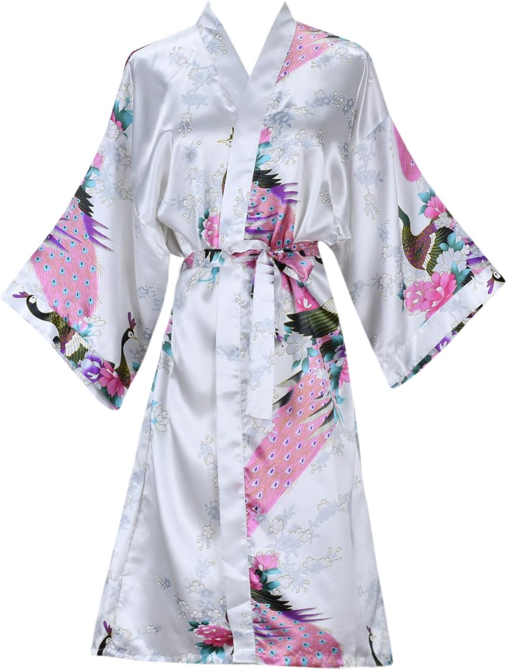 Women's Kimono Robe Peacock & Blossoms Satin Nightwear(Small,White)
