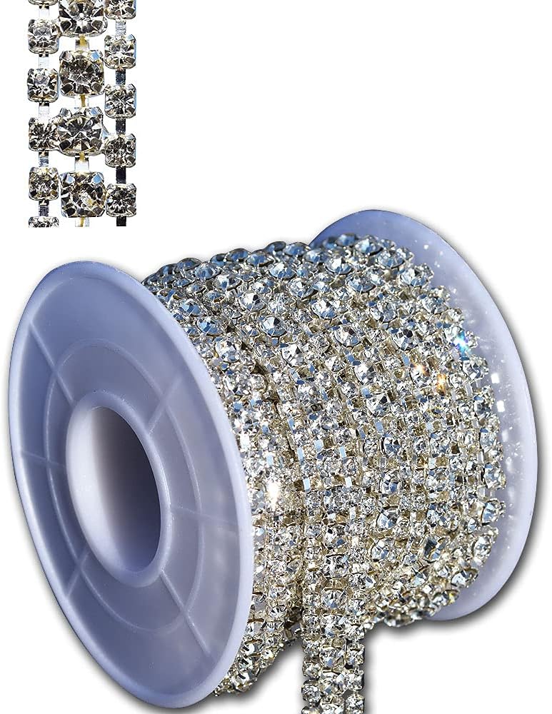 3 Rows Crystal Rhinestone Close Chain Trimming Claw Chain,Crystal Bead Chain for Sewing Craft DIY Jewelry Wedding Decor (Clear Color Rhinestone with Silver Base, 3 Yard x 0.47 Inch)