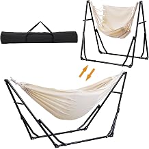 Hammock with Foldable Stand, 2 in 1 Hammock and Swinging Chair with Carrying Bag, Portable Camping Chair Suitable for Outside, Swing,Patio,Garden,Camping Trip Beige