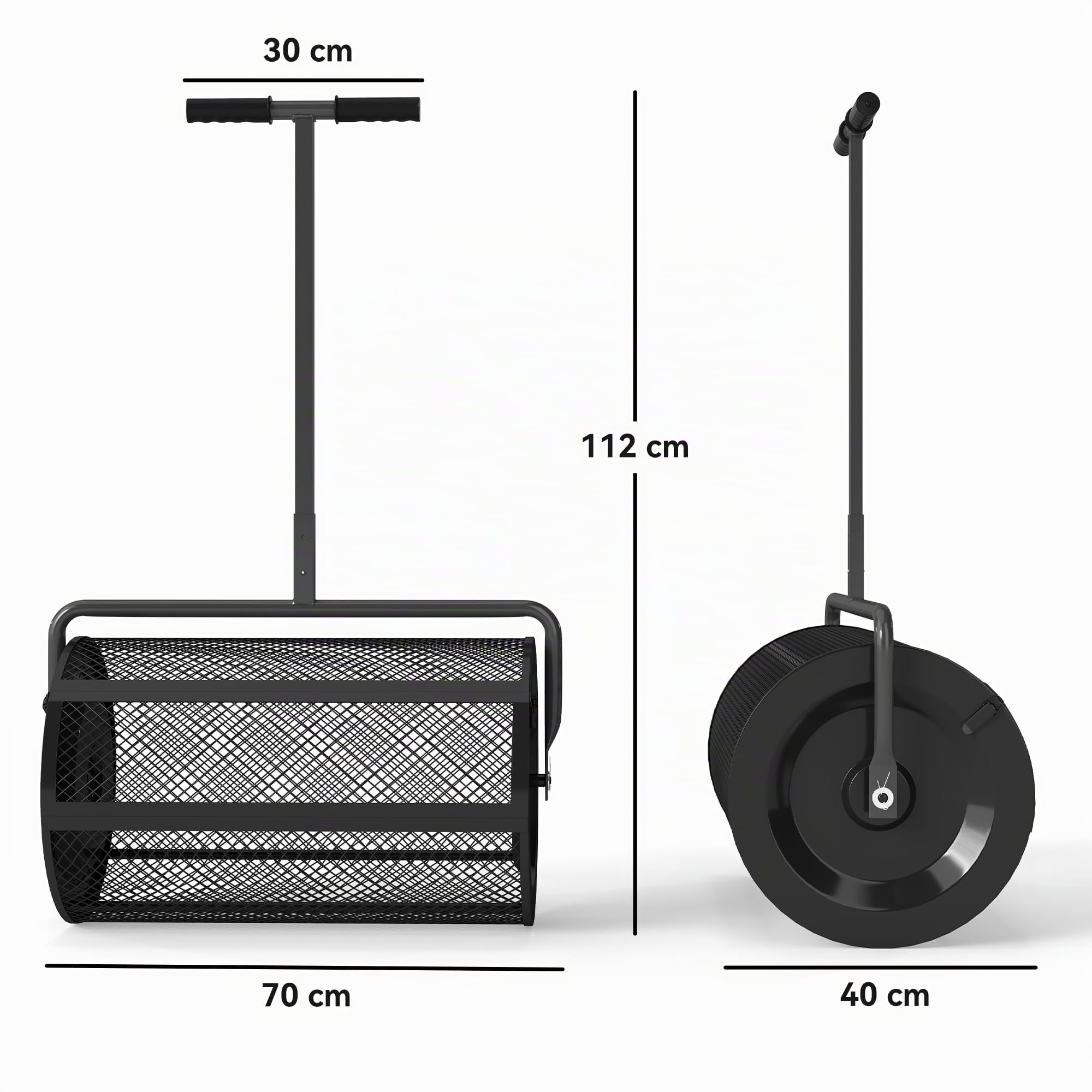 Outsunny Spandiconcime da 75L Manico a T Regolabile 70x40x112 cm Nero | Maniglia Imbottita, Rullo per Prato da Giardino in Metallo