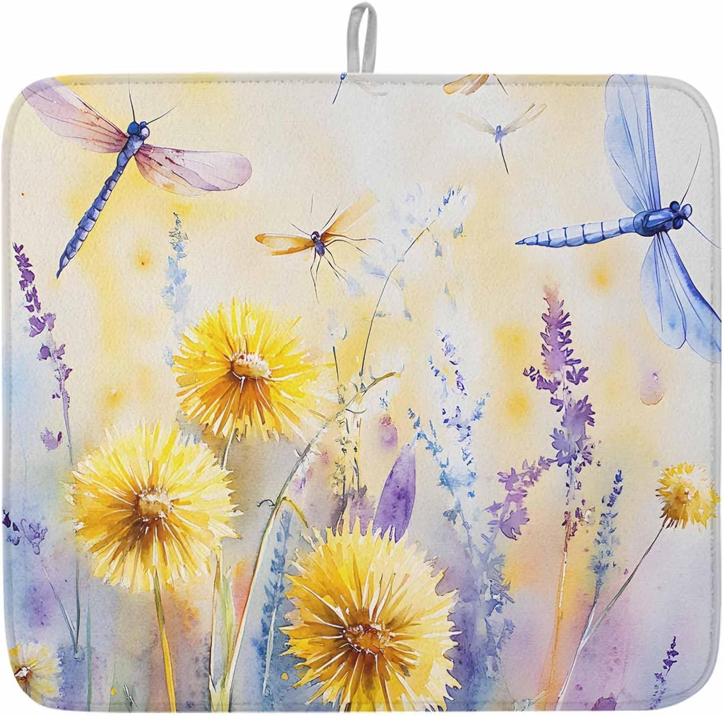 Dish Drying Mat Set of 2 Spring Flower Dragonfly Microfiber Absorbent Reusable Washable Dish Drying Rack Mat Yellow Purple Coffee Mat for Coffee Maker Bar Kitchen Countertops 18x24inch