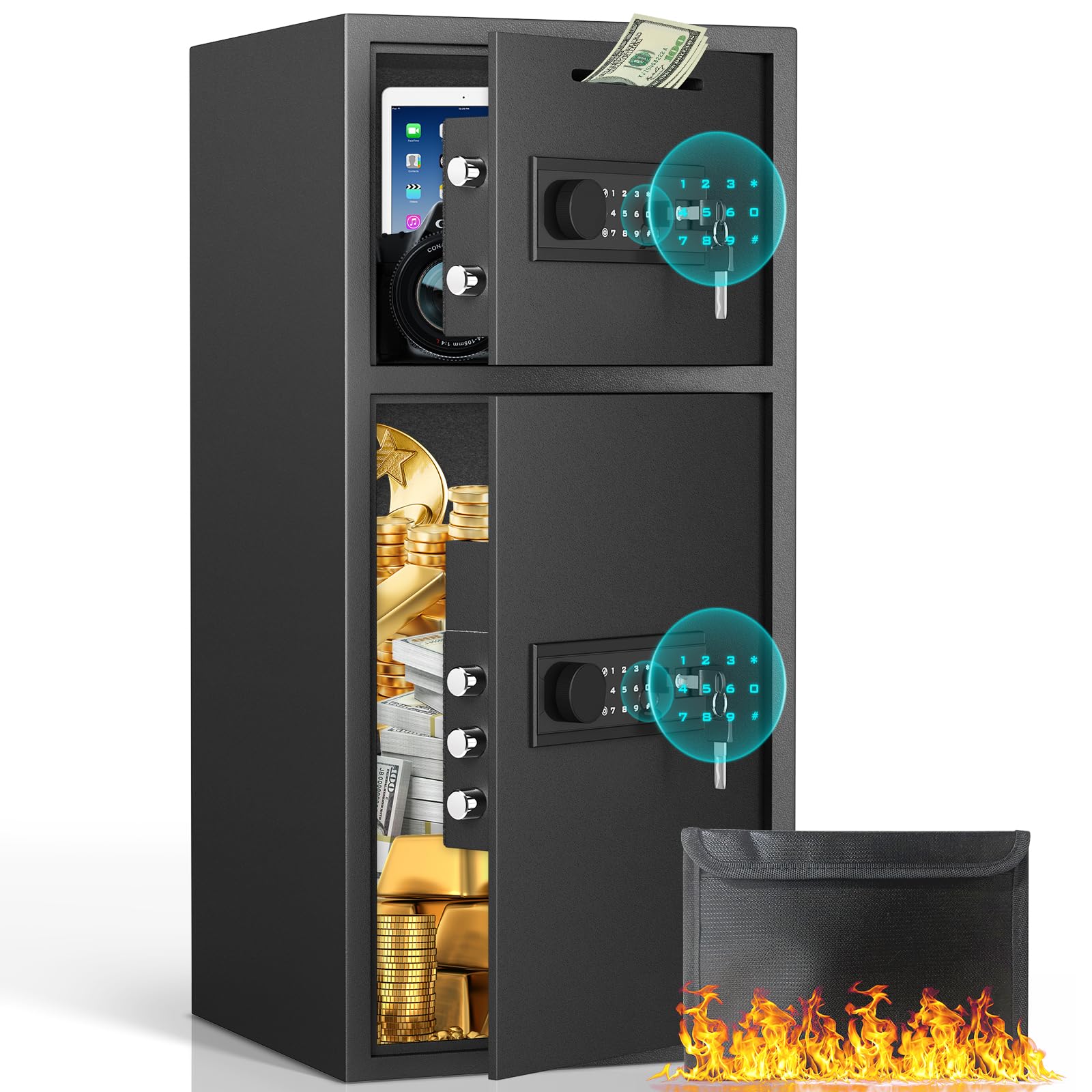 6.5 Cub Extra Large Home Safe Box Fireproof Waterproof, Digital Money Safe with Drop Slot & Backlit Touch Screen Keypad, Drop Slot Safe for Business Home