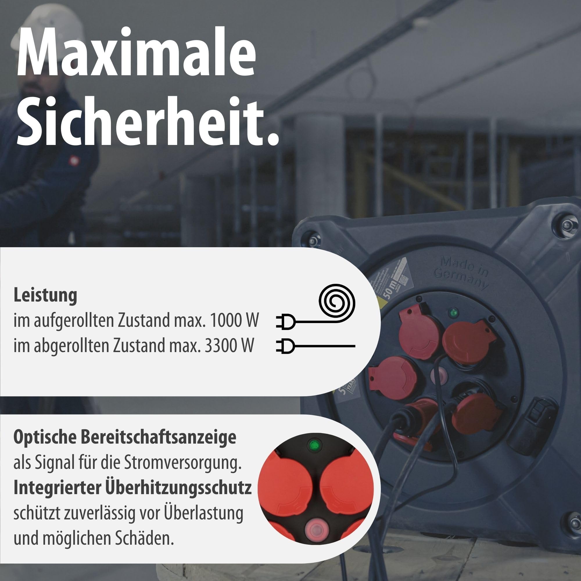 Brennenstuhl Avvolgicavo professionale per cantiere, KA 5100 5 IP44 (cavo 50 m H07RN-F 3G1,5 in nero, 5 prese di sicurezza, uso in cantiere e uso esterno permanente, Made in Germany)