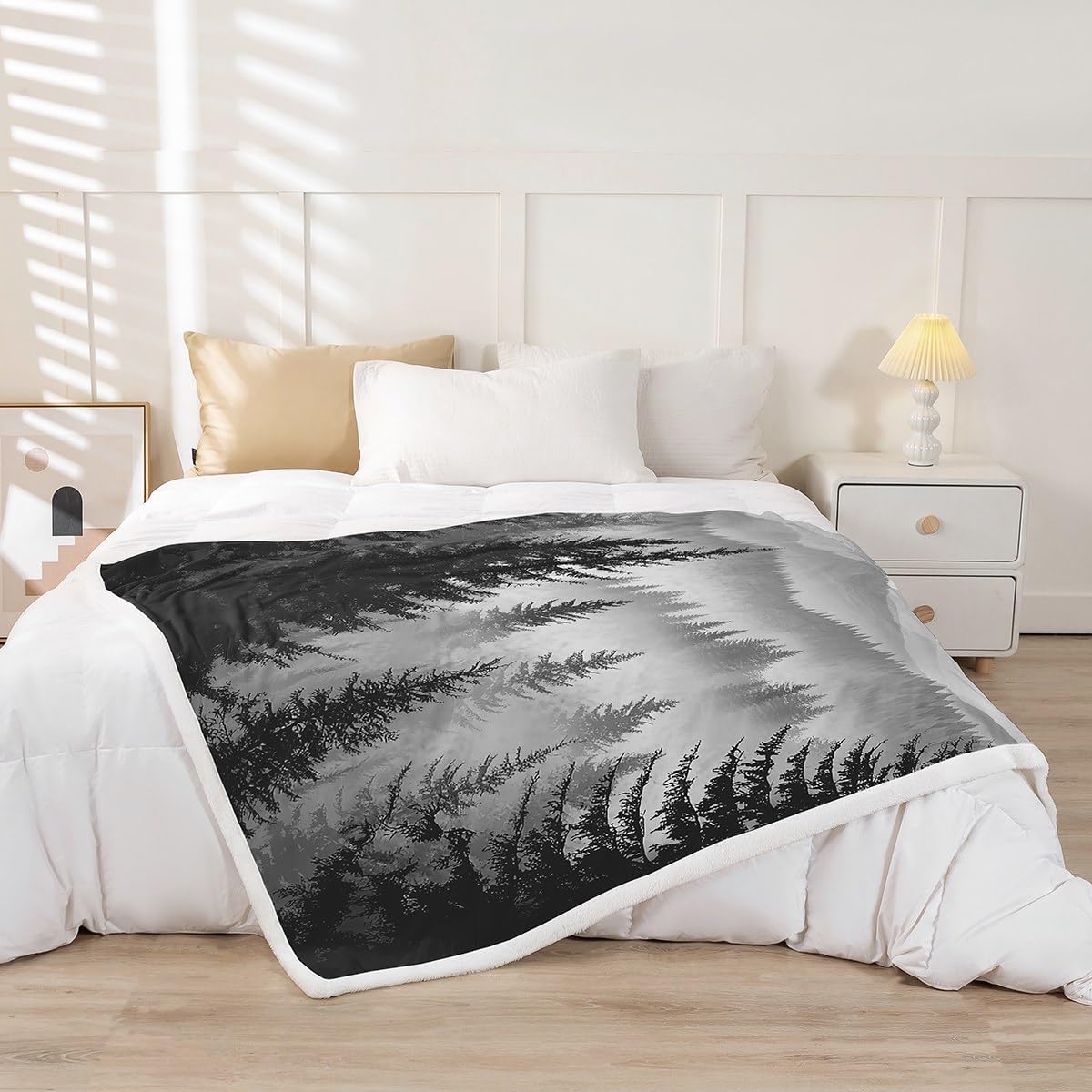 Erosebridal Black Grey Fuzzy Plush Throw Smoky Mountain Forest Fleece Blanket Rustic Woodland Pine Trees Sherpa Blanket for Kids Adults,Nature Landscape Decor for Bed Couch Throw 50"x60"