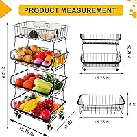 Vista 3 de Cesta de almacenamiento de frutas y verduras para cocina, cesta apilable de alambre de metal de 4 niveles con ruedas rodantes, estante de frutas