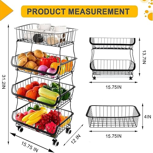 Miniatura 3 de Cesta de almacenamiento de frutas y verduras para cocina, cesta apilable de alambre de metal de 4 niveles con ruedas rodantes, estante de frutas,