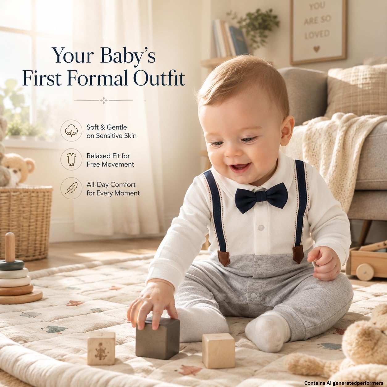 Gentleman Bow Tie Baby Boy Romper Soft Cotton Newborn Outfit for First Birthday Wedding Family Photo Gift