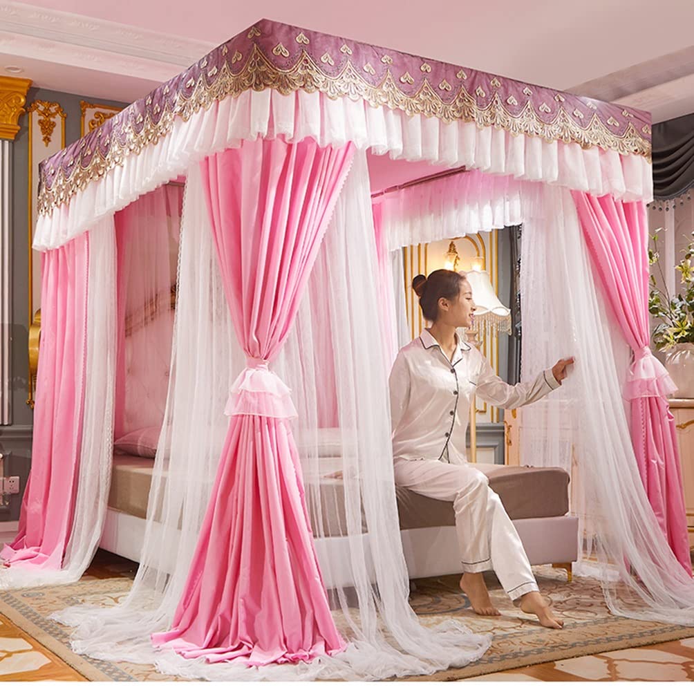 GJMSSMY bed tent，4 Corner Post Bed Canopy for Twin Queen King, Lace Embroidered Luxury Bed Curtain Mosquito Net with Stand (Color : Pink-1, Size : 150X200cm/59X79inch)