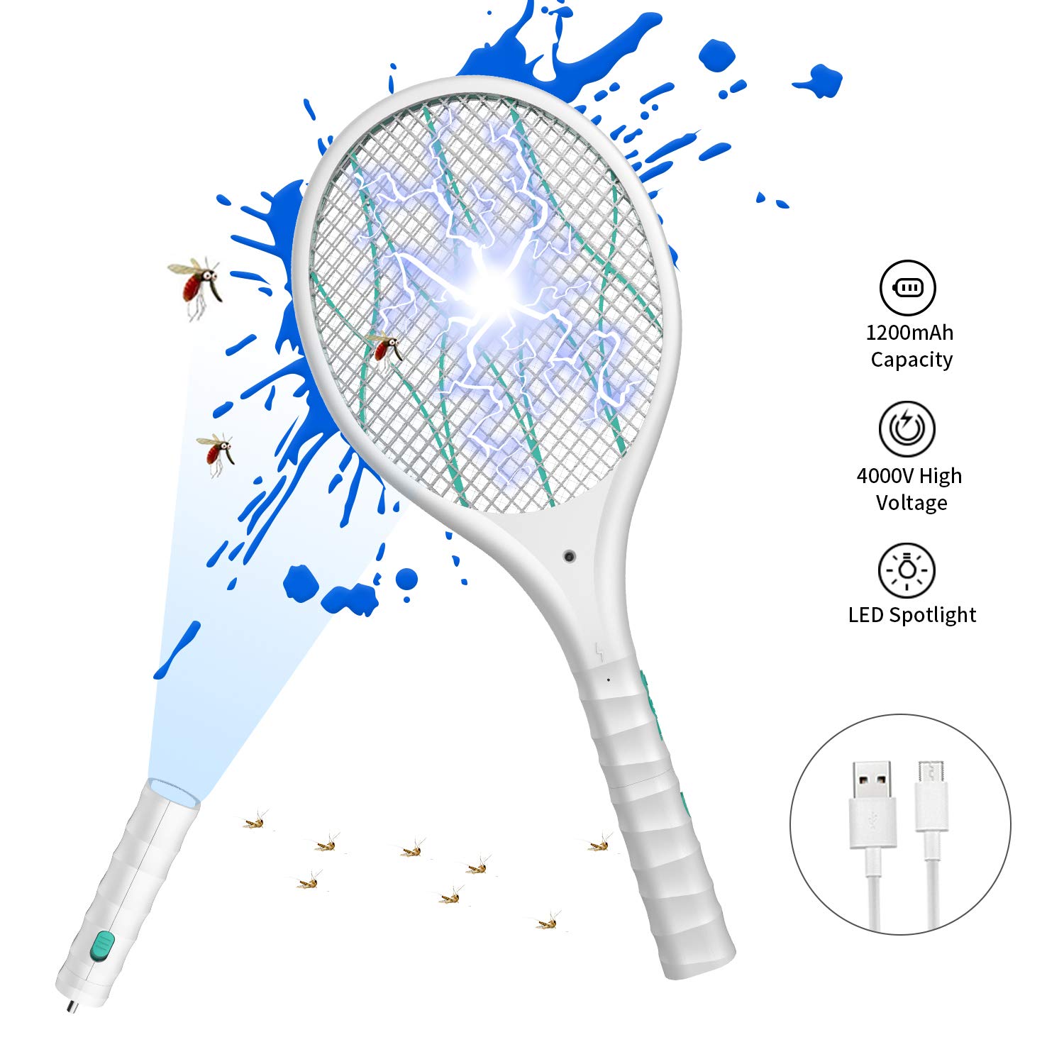 FLASHVIN Electric Large Bug Zapper Racket, Mosquito killer, Fruit Fly Swatter Zap, Pest Control, 4,000 Volt, USB Rechargeable, LED Lighting, Removable flashlight, Unique 3 Layer Safety Mesh Safe White