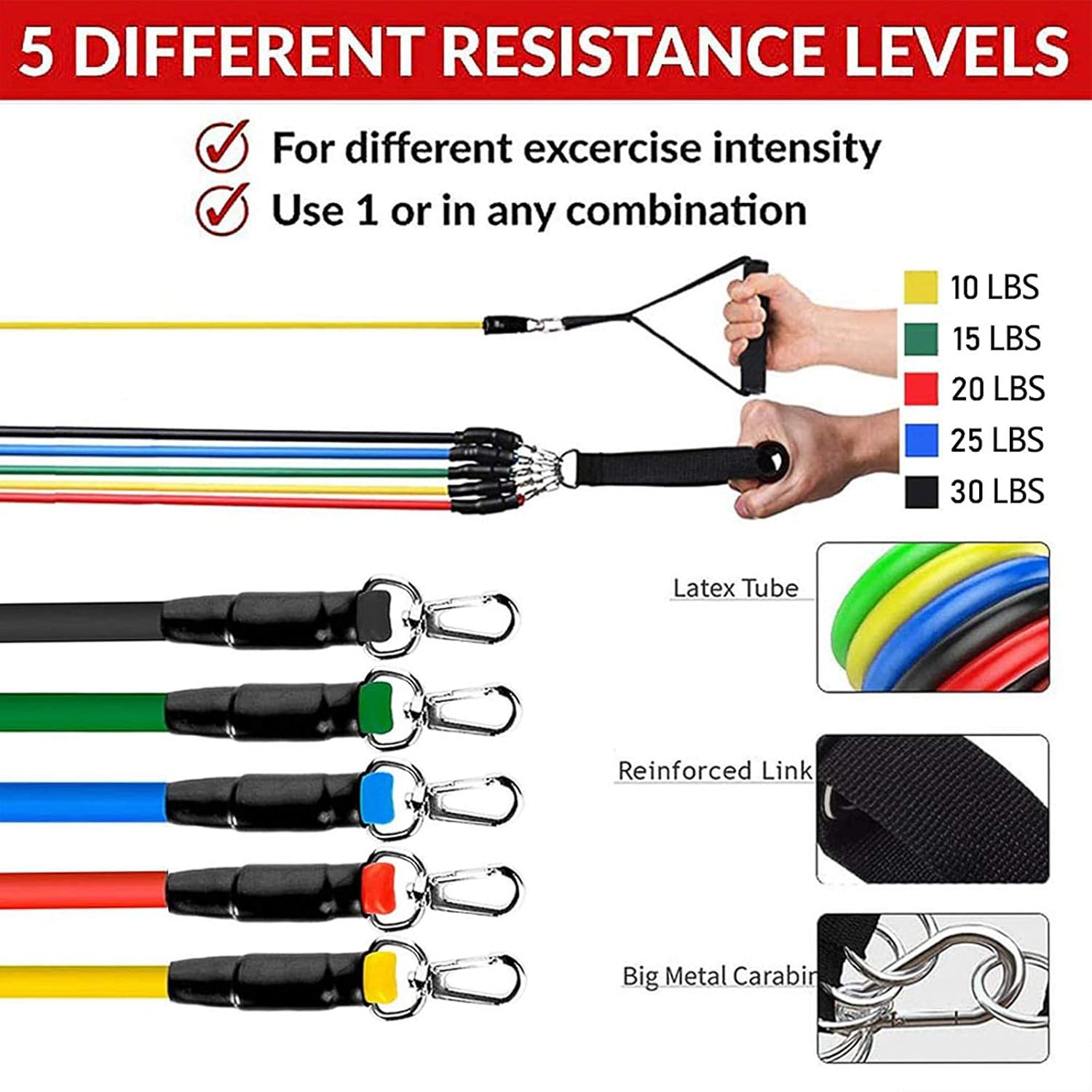 ANDSTON 11Pcs Resistance Bands Set, 5 Stackable Exercise Bands Workout Bands with Door Anchor, 2 Foam Handle, 2 Metal Foot Ring & Carrying Case for Working Out, Physical Therapy, Gym Training, Yoga