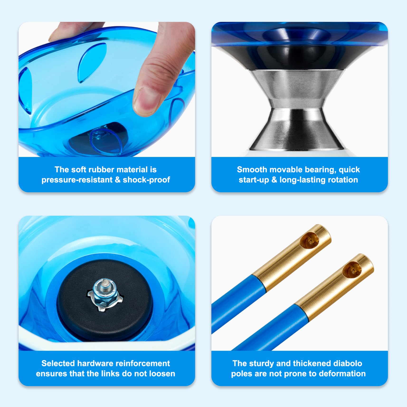 Set Yoyo Cinese con Triplo Cuscinetto Diabolo Yoyo Blu con Borsa a Rete con Corde per Bambini e Adulti