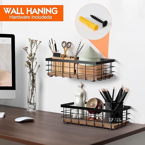 Miniatura 3 de TJ.MOREE Paquete de 2 cestas pequeñas de alambre de metal, organizador decorativo de base de madera para baño, cocina, cesta para almacenamiento de