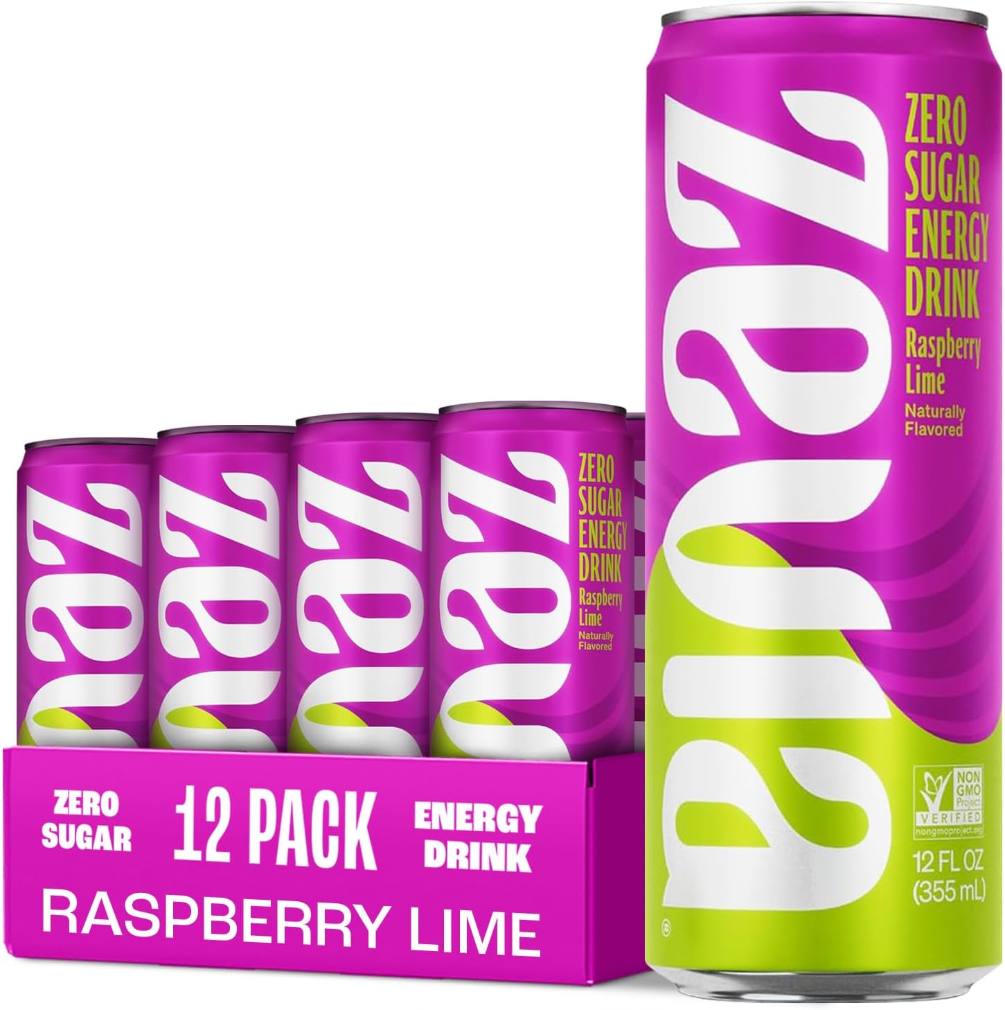 Zero Sugar Energy Drink, Raspberry Lime, 12 oz Cans (12-Pack) – Naturally Sweetened, Zero Calorie Sugar Free Energy - Non-GMO Project Verified, Gluten-Free, Vegan
