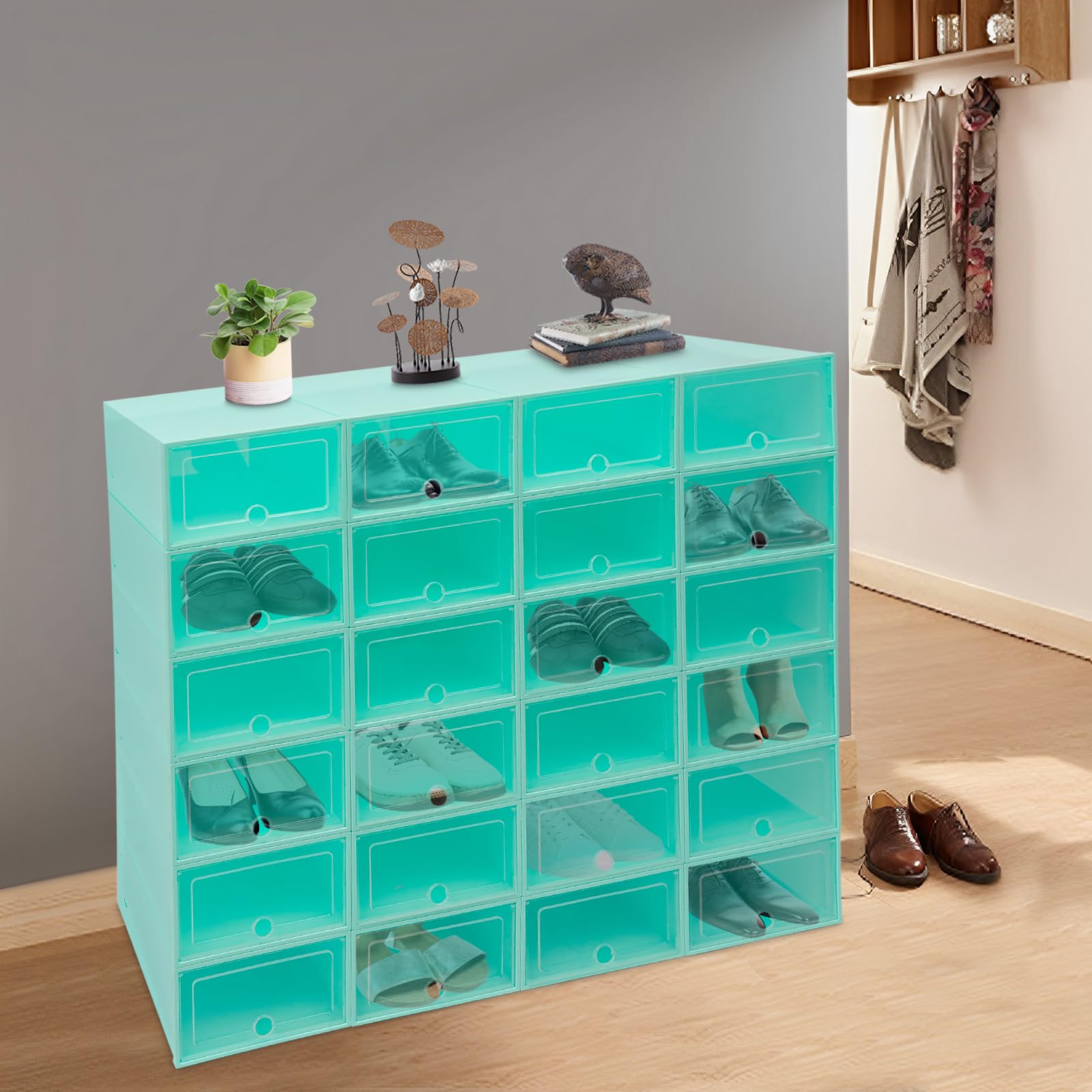 WooDerson 24 Pack de cajas para zapatos, juego de cajas para zapatos, cajas de plástico transparentes apilables para zapatos, materiales de alta calidad PP y HIPS, diseño plegable, 33 x 23 x 14 cm