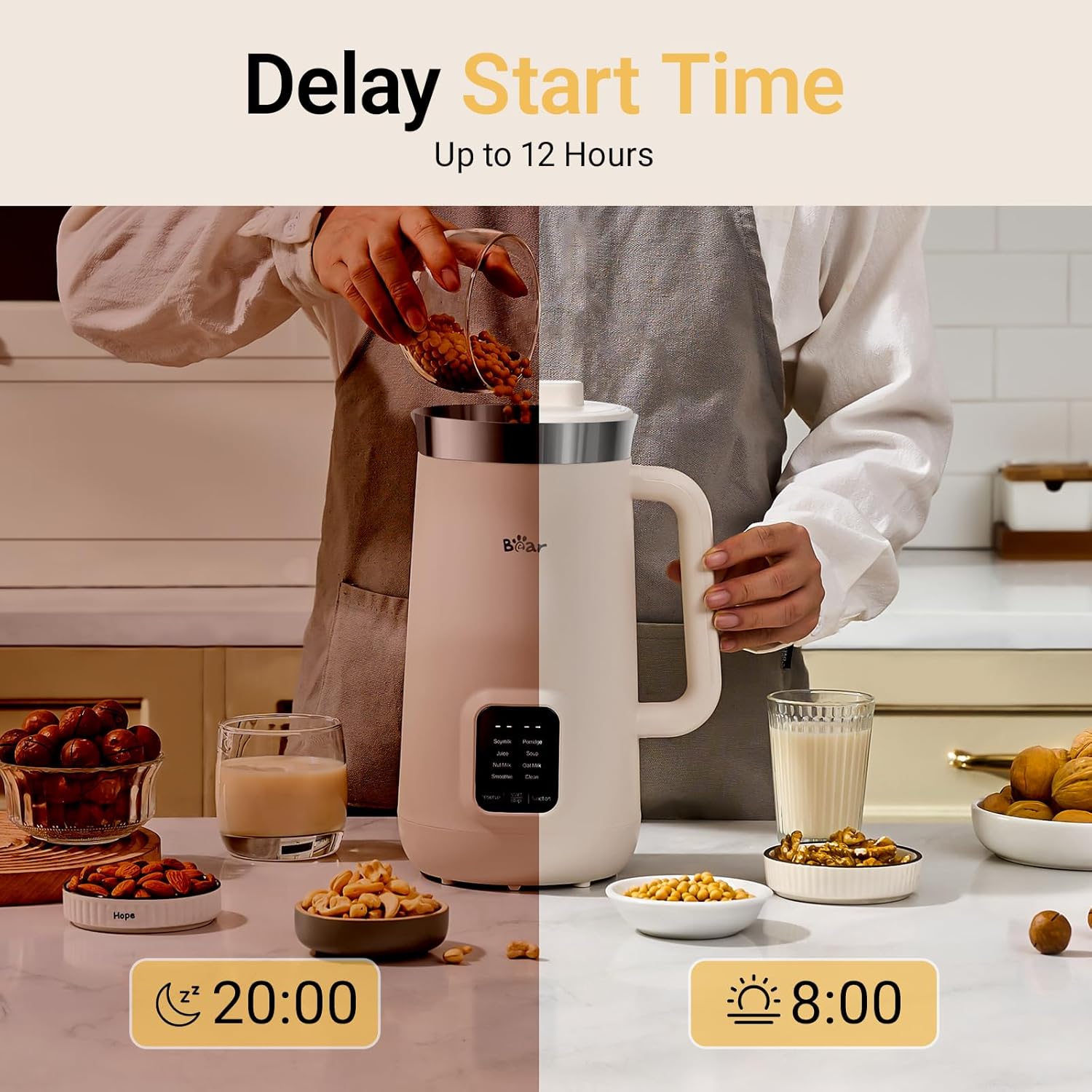 Bear Nut Milk Maker displaying a 12-hour delay start setting