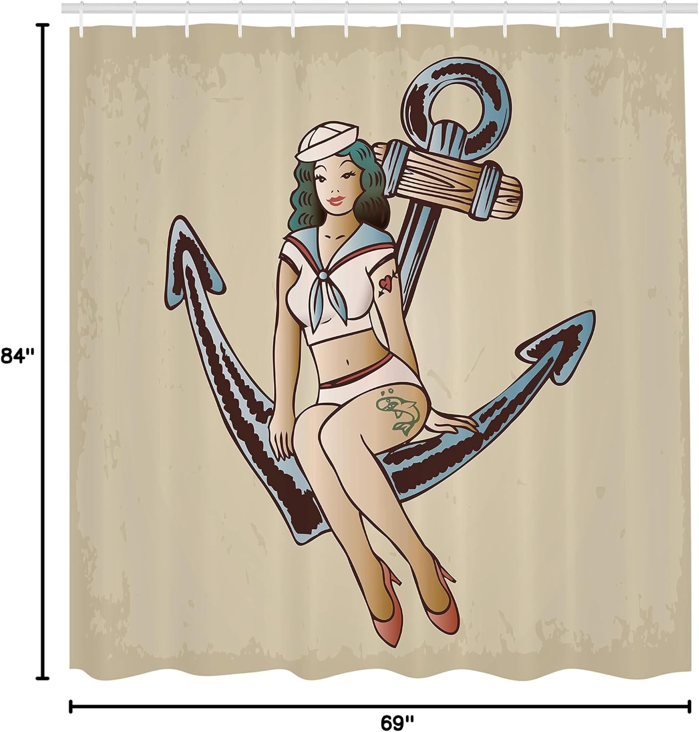 Ambesonne Anchor Shower Curtain, Pinup Girl Sailor Outfit Shark and Heart Tattoo Vintage Twenties Illustration, Cloth Fabric Bathroom Decor Set with Hooks, 69" W x 84" L, Dark Eggshell Multicolor