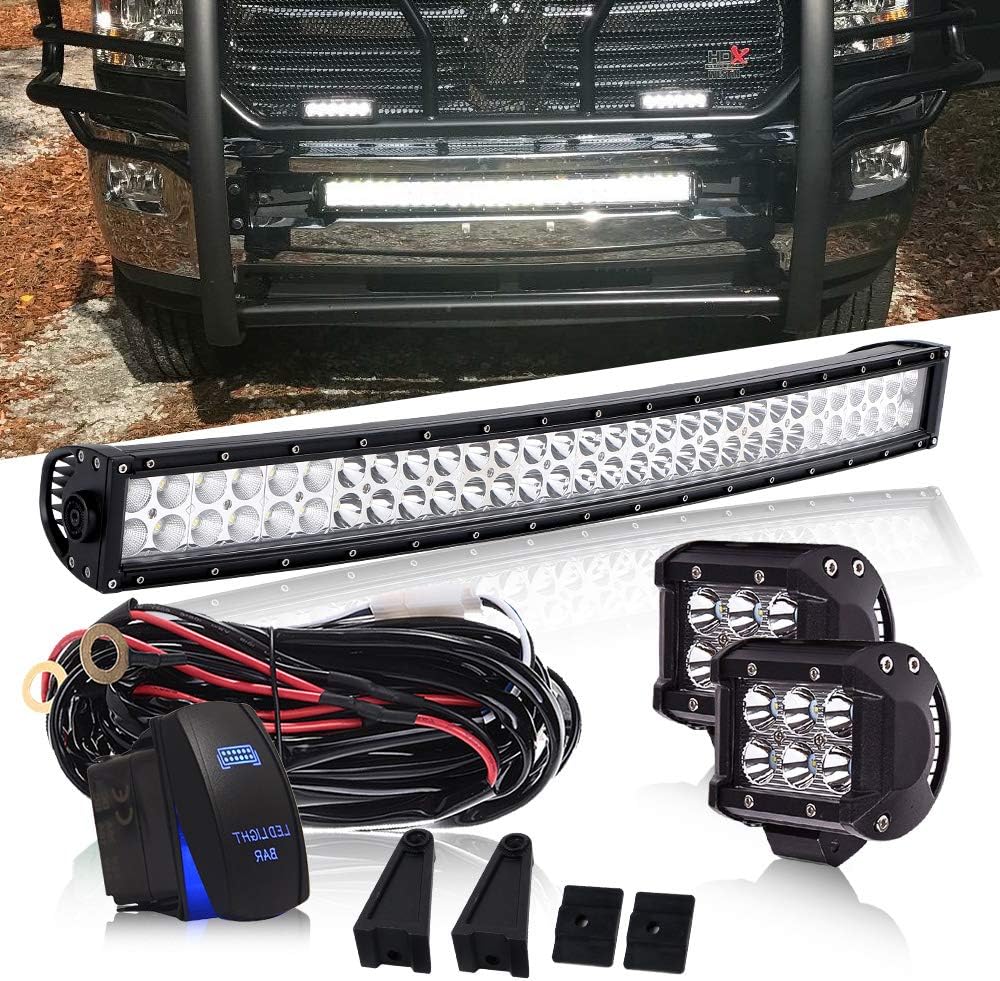 DOT 32 Inch 180W Curved LED light bar +2PCS 4 In 36W Cube Pods Driving Lights W/Rocker Switch DT Connector Wiring Harness For Offroad Boat SUV ATV Golf Cart UTV Truck Jeep Wrangler Polaris RZR Dodge