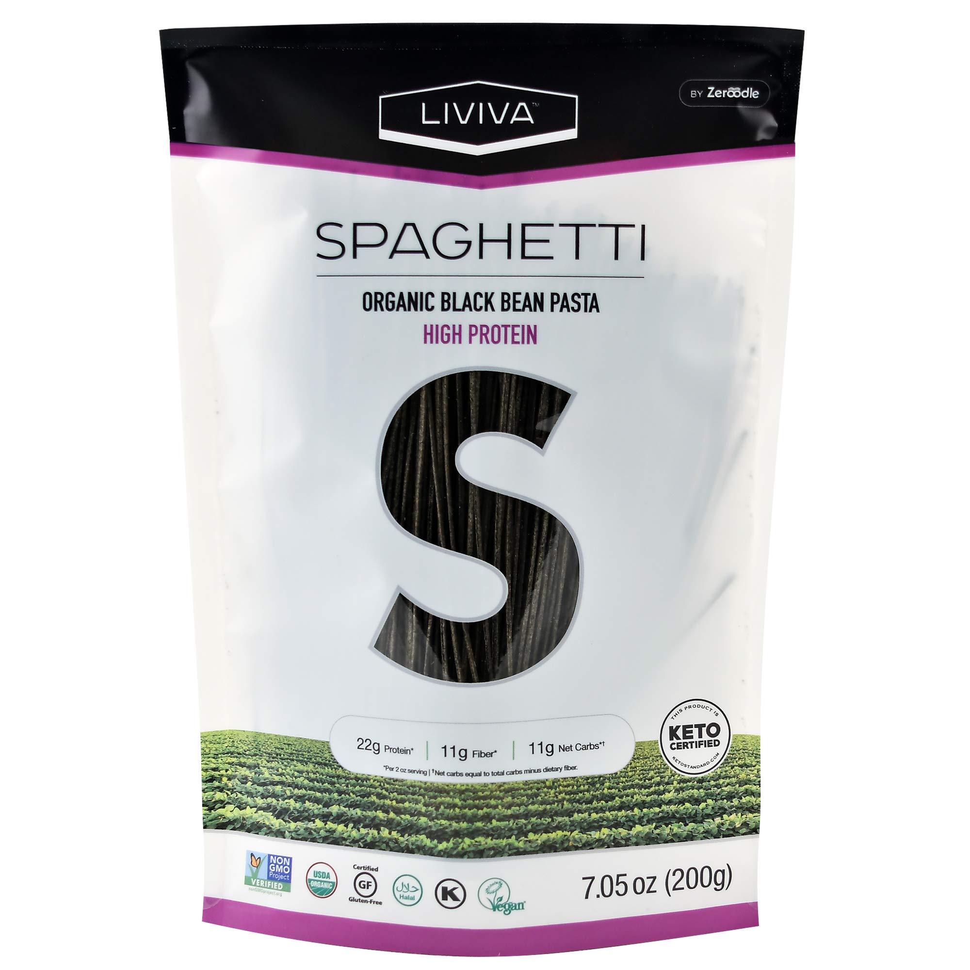 LIVIVA Organic Gluten Free Black Bean Spaghetti Noodle Pasta (6 Pk) – 88 g Protein Bag - Diabetic Friendly - Certified Plant-Based Non-GMO Kosher Halal Vegan Keto – Nutritious Pasta Plant-Based Protein Ready-to-Eat in minutes