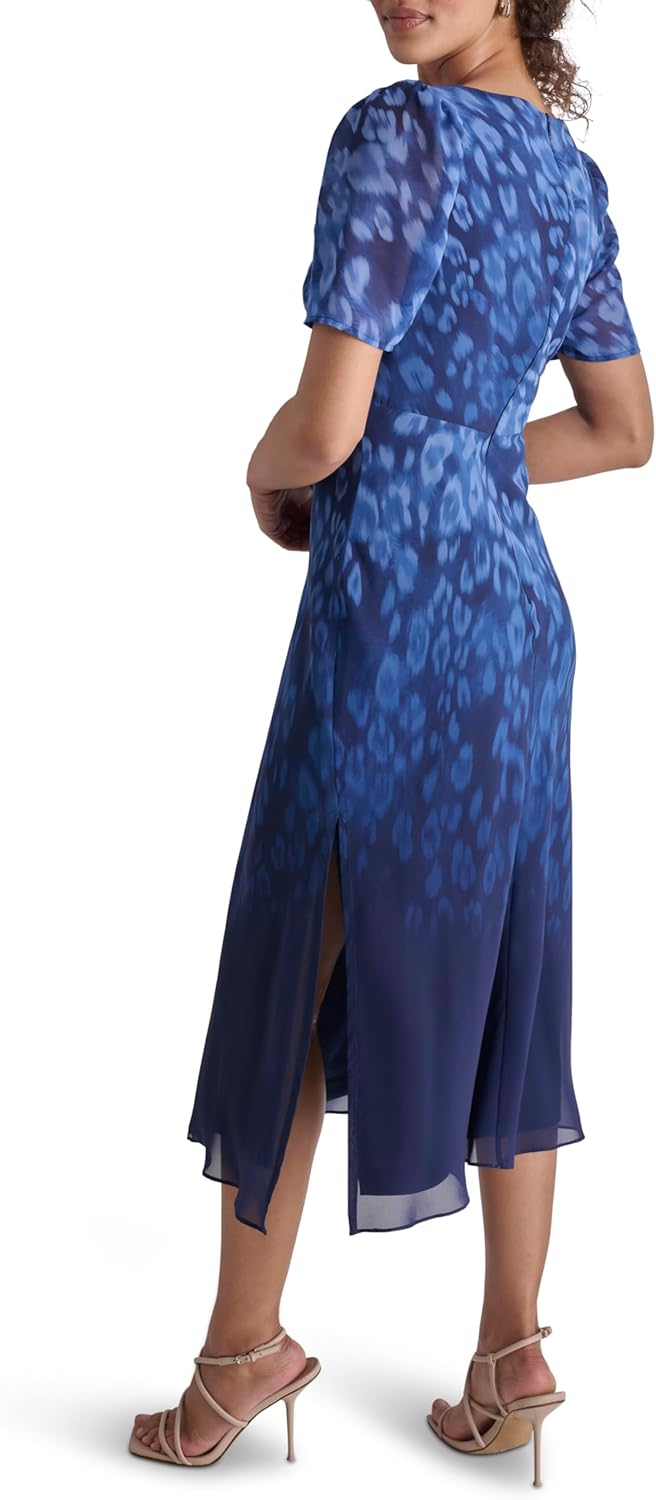 DKNY Women's Short Sleeve Sweetheart Neck Lined Side Slit Midi Dress