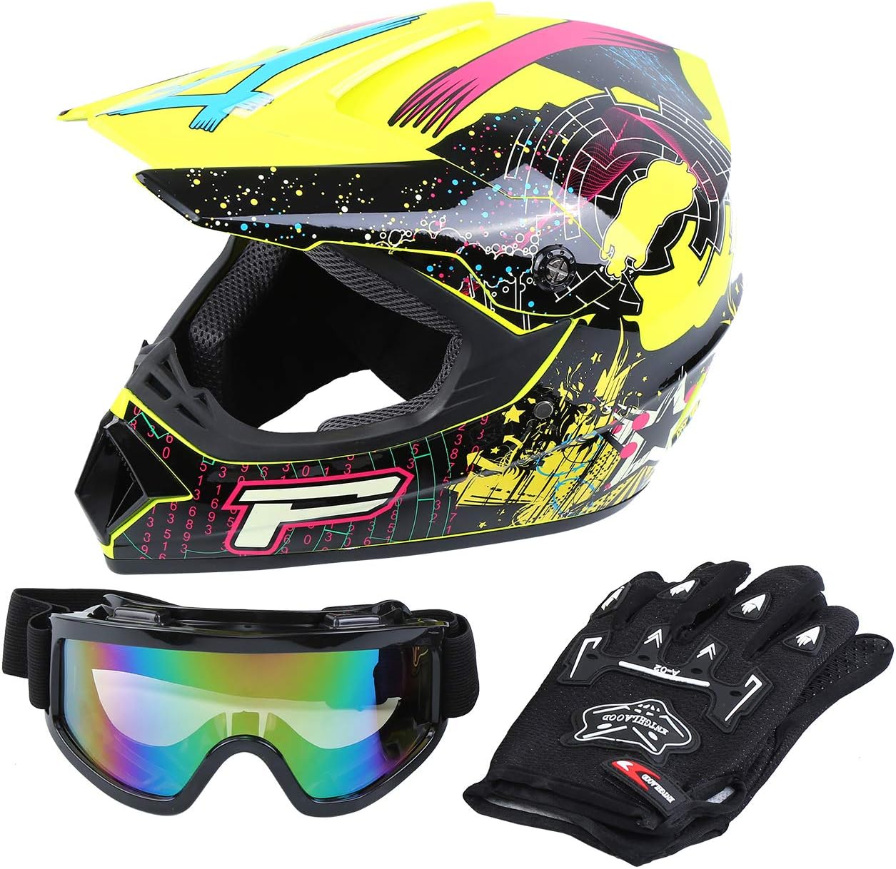 Samger DOT Adult Offroad Helmet Motocross Helmet Dirt Bike ATV Motorcycle Helmet Gloves Goggle (Yellow, XL)