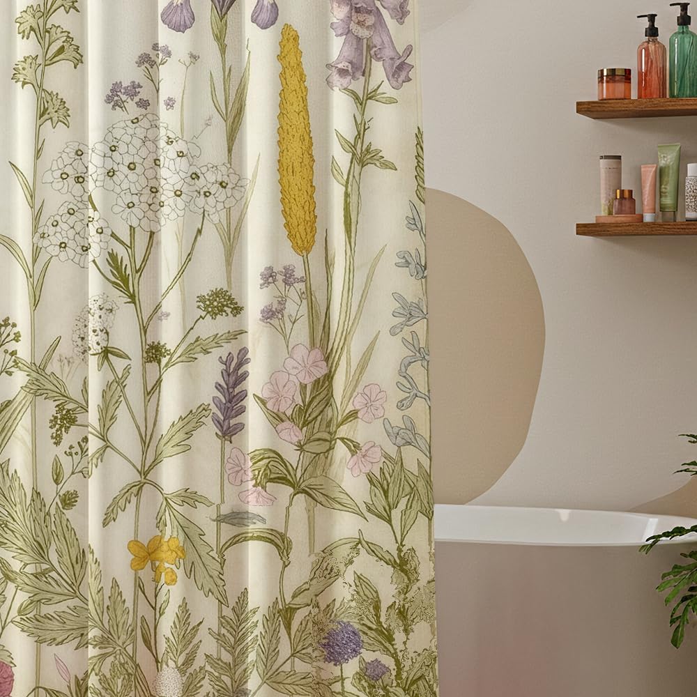 Vintage Hand-Pressed Wildflower Botanical Shower Curtain, Herbarium-Inspired Design, Waterproof Polyester Farmhouse Decor for Bathroom, 72x72 Inches Fits Standard Tub/Shower