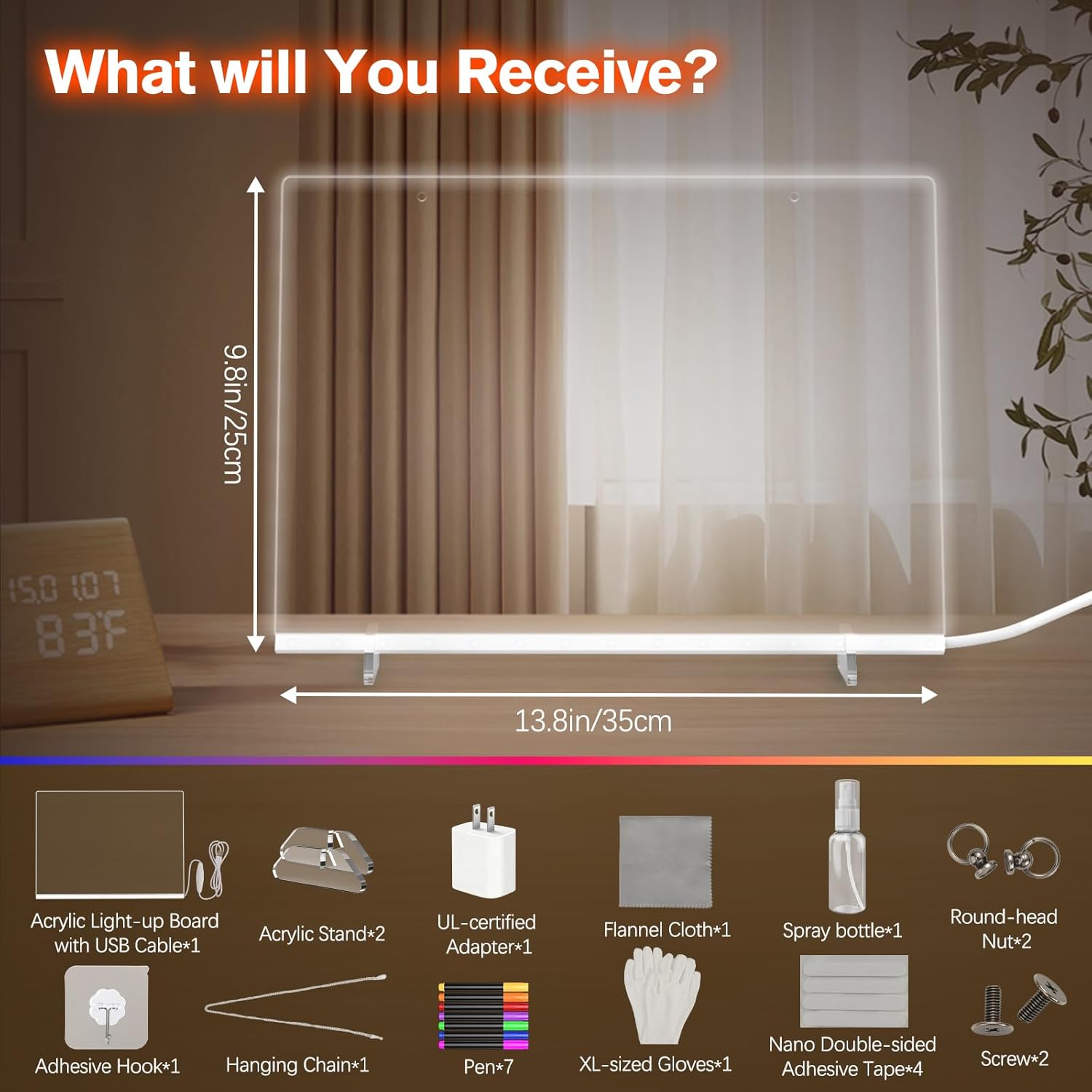 Lewondr LED Note Board,13.8''×9.8'' Acrylic Dry Erase Board with 7 Colors of Light,Drawing Board with Adapter, 7 Markers, Stand, Hanging Chain, Spray Bottle for Home Office Decor Christmas Easter Gift