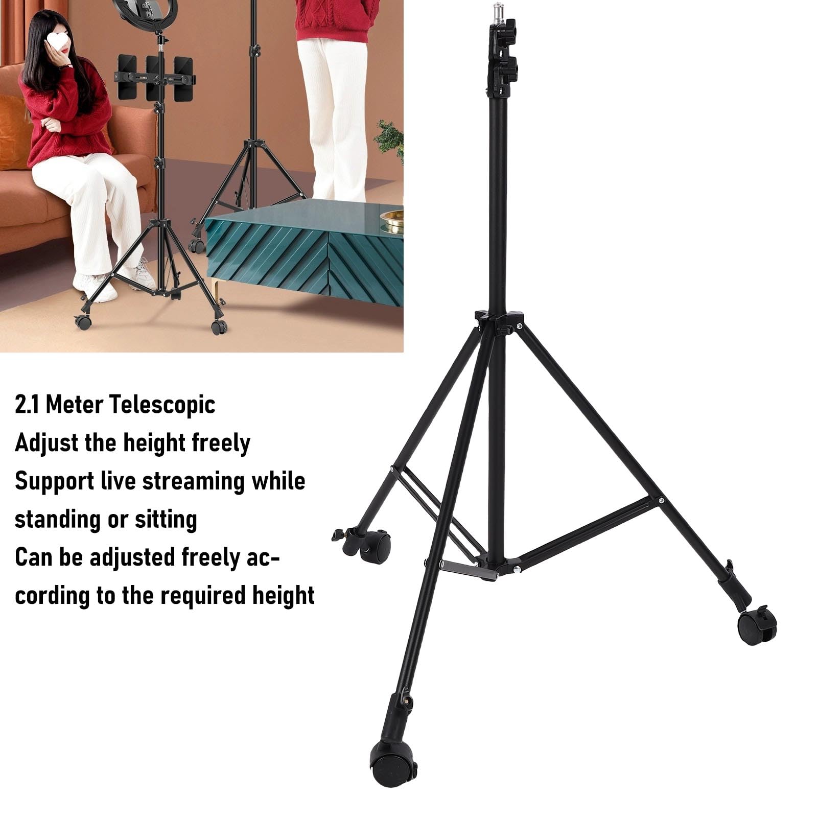 Tangxi Statyw Fotograficzny z Kółkami, Składany Teleskopowy do Fotografii | Light Tripod Stand with Casters, for Live Streaming Video Recording, 3 Wheel Brakes