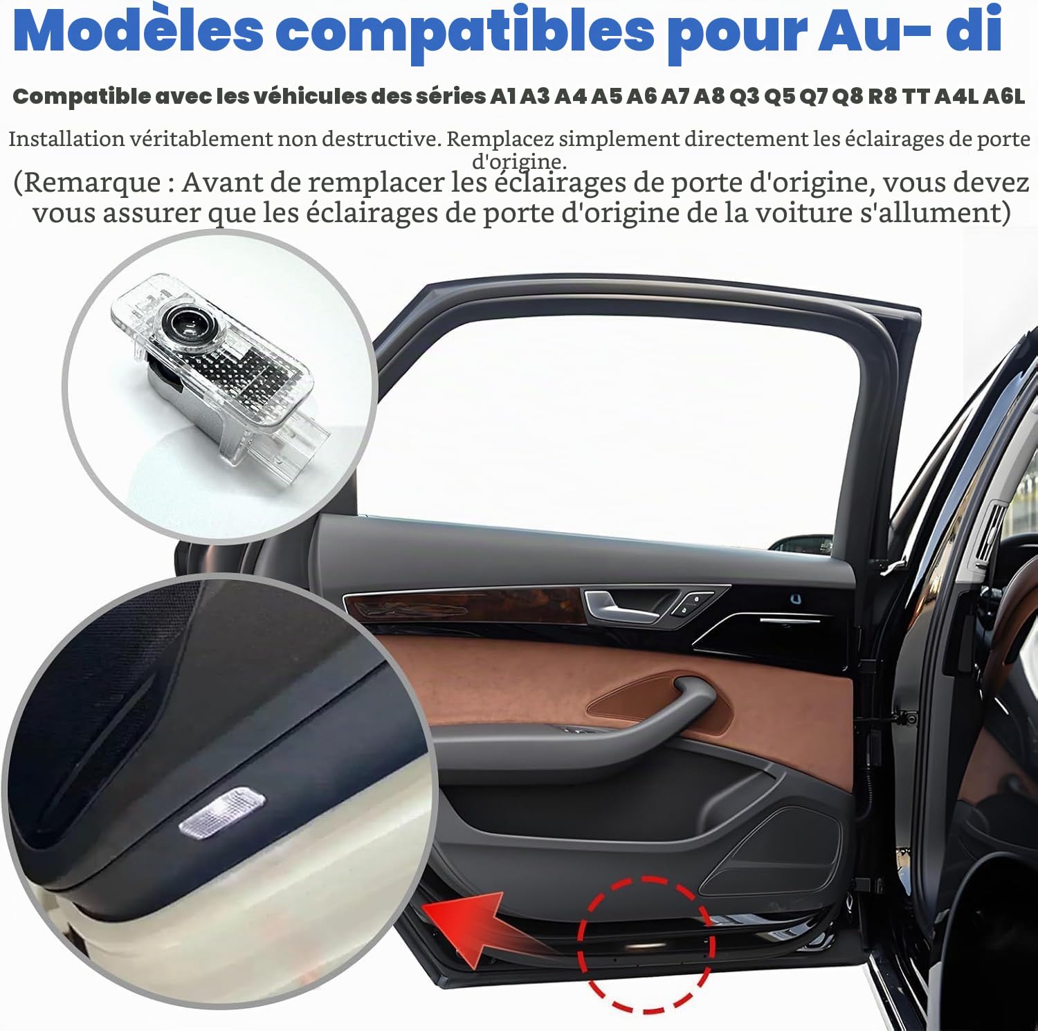 Lumière de Porte de Voiture pour Audi, 4 Pièces Lumières Menées de Porte de Voiture, Projecteur de Porte de Voiture pour A1/A3/A4/A5/A6/Q3/Q5/Q7/A7/A8/R8/TT