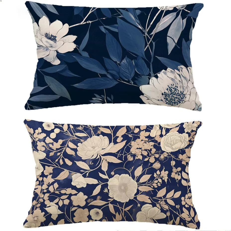 Housse de Coussin de Jardin Imperméable 50x70 Anti Tache Bleu Marine Aspect Lin