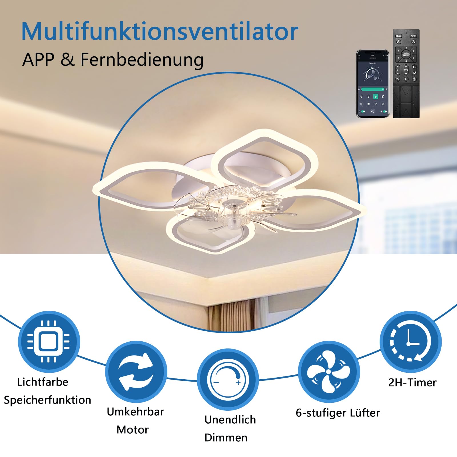 Deckenventilator mit LED-Beleuchtung 68cm, Weiß - 6 Geschwindigkeitsstufen, Dimmbare Deckenlampe für Wohnzimmer & Schlafzimmer, Licht & Ventilator Separat Schaltbar