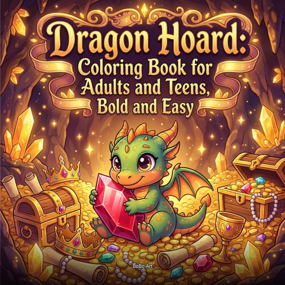 Dragon Hoard: Coloring Book for Adults and Teens, Bold and Easy: 50 Fantasy Dragon Designs Featuring Treasure Caves, Magical Castles, and Epic Mythical Creatures for Relaxation