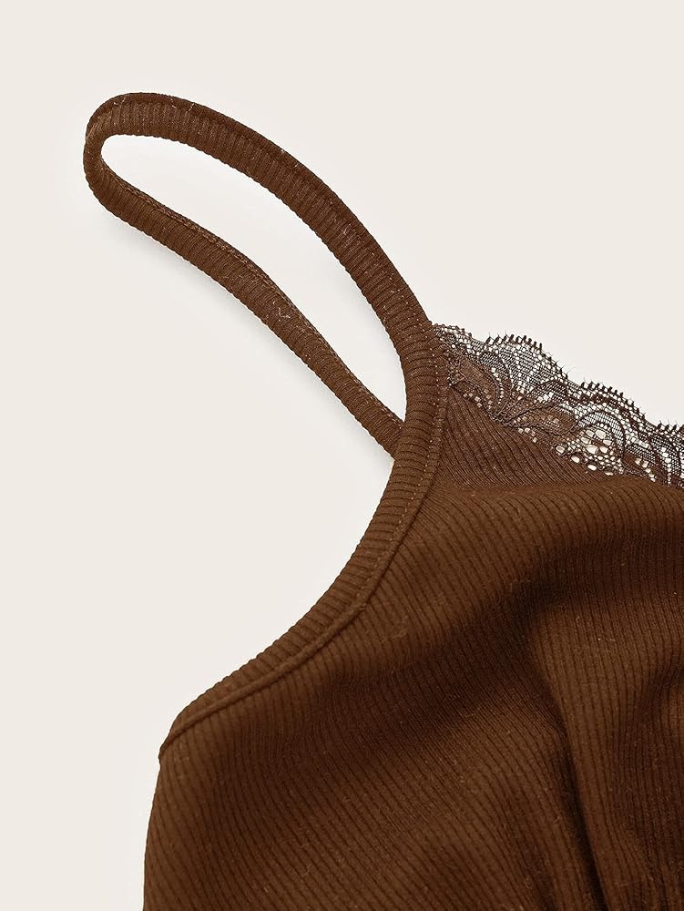 トップス clane pile flare tank tops brown 2 MakeMeChic Women's Y2K Lace Trim V Neck Sleeveless Cami Crop Top