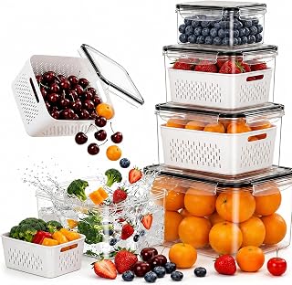 5 Pack Fruit Storage Containers for Fridge with Removable Colanders，5 in 1 Produce Storage Containers with Lids, Leakproof Fridge Organizer Bins for Salad Berry Lettuce Vegetables Meat Keeper Fresh