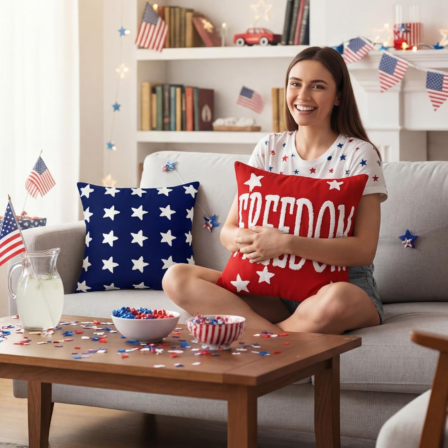 Fourluoo 4 Pcs Patriotic Throw Pillow Covers 18x18 Inch Soft Independence Day Decorative Pillowcase Plush 4th of July Soft Plush Pillow Covers Cushion Case Decorations for Sofa Room Gift