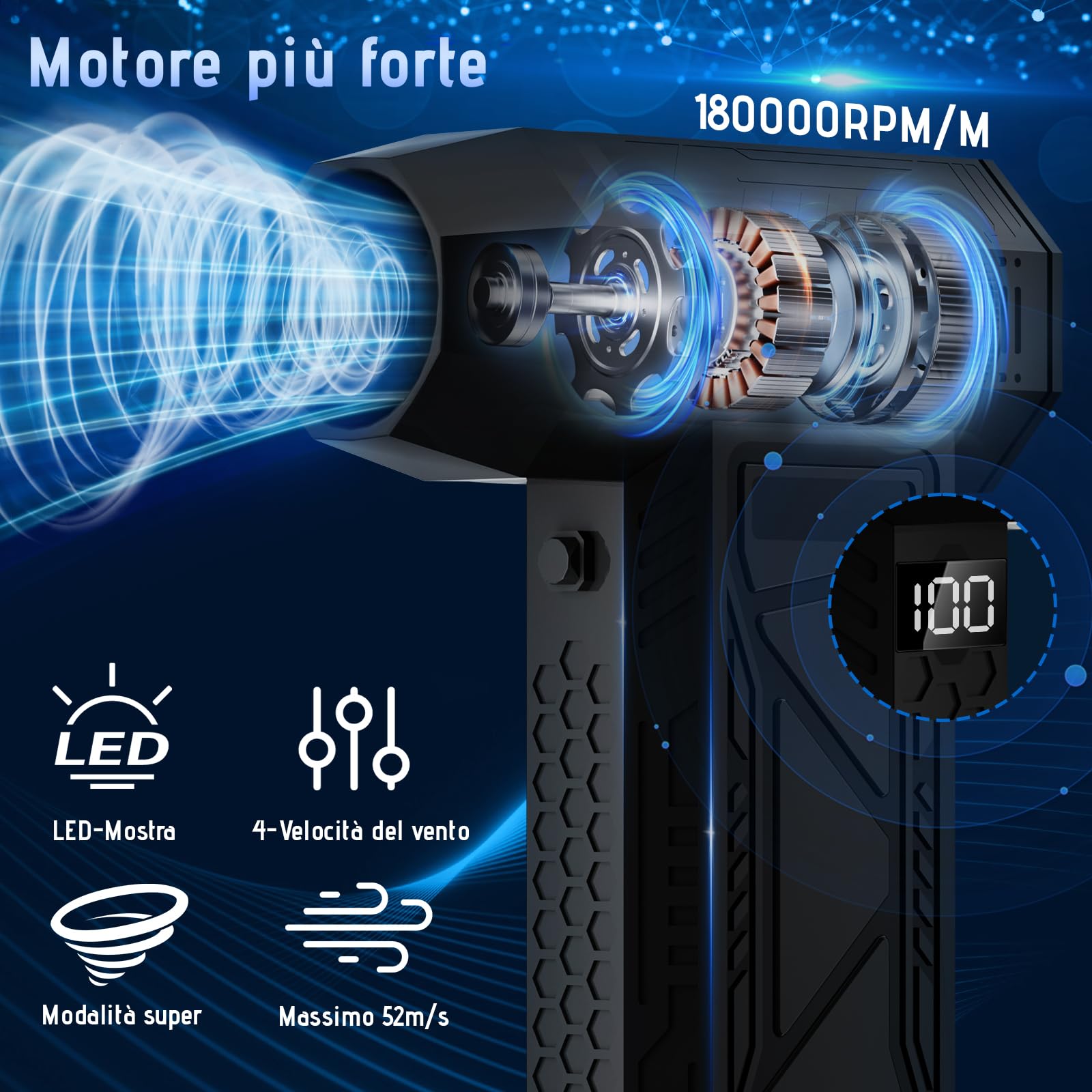 Zosudull Aria Compressa Spray Elettrico con display a LED, Spolverino ad aria compressa 180000 U/min Air Duster del ventilatore di polvere con torcia elettrica(10000mAh), turboventilatore a 4 velocità