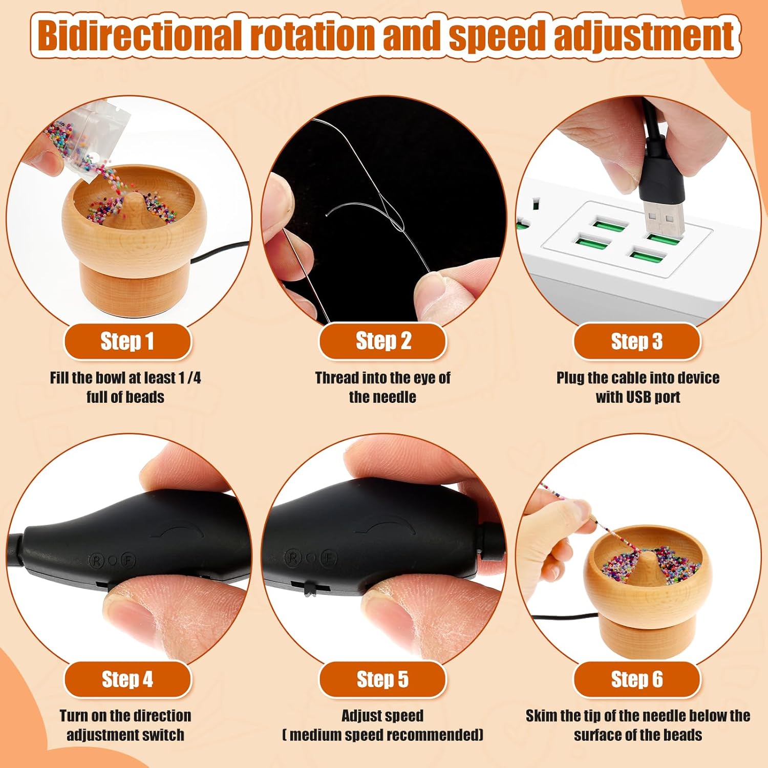 Electric Wooden Bead Spinner USB Powered Spin Beading Bowl Kit Adjustable Speed and Direction Spin Bead Loader with 2 Beading Needles 2000 Beads for Bracelets Jewelry Making