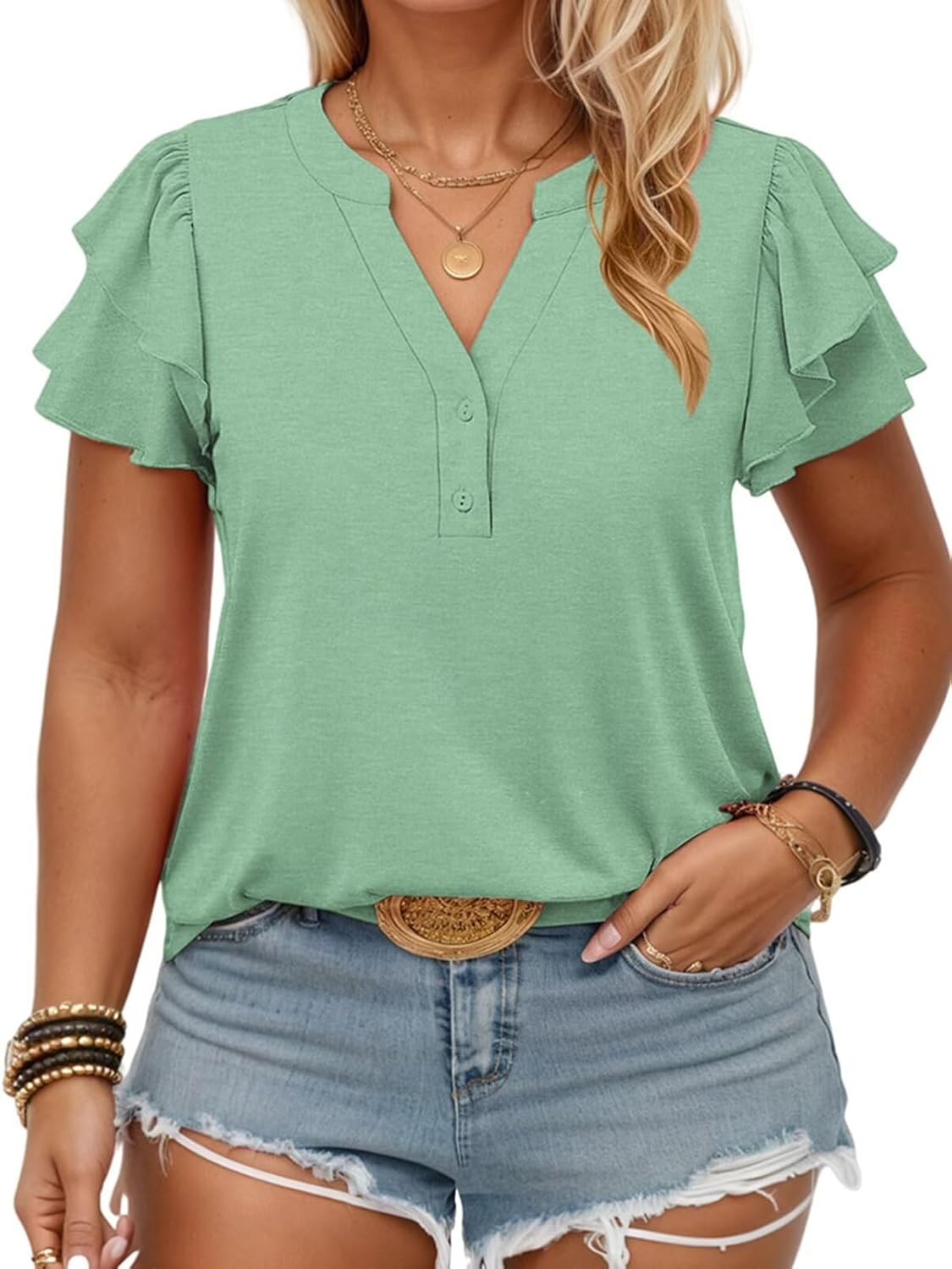 VISLILY Plus-Size-Summer-Tops for Women Cute Ruffle Short Sleeve T Shirts Notched V-Neck Tunics Button Down Blouses XL-5XL - Image 2