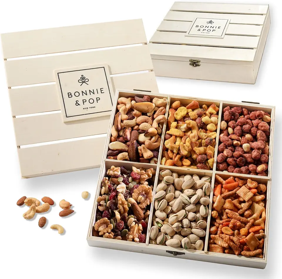 Nut Gift Basket, in reusable Wooden Crate, Healthy Gift Option, Gourmet Snack Food Box, with unique flavors, Great for Easter, Father’s Day, Feel Better, Sympathy & Birthday - Bonnie & Pop