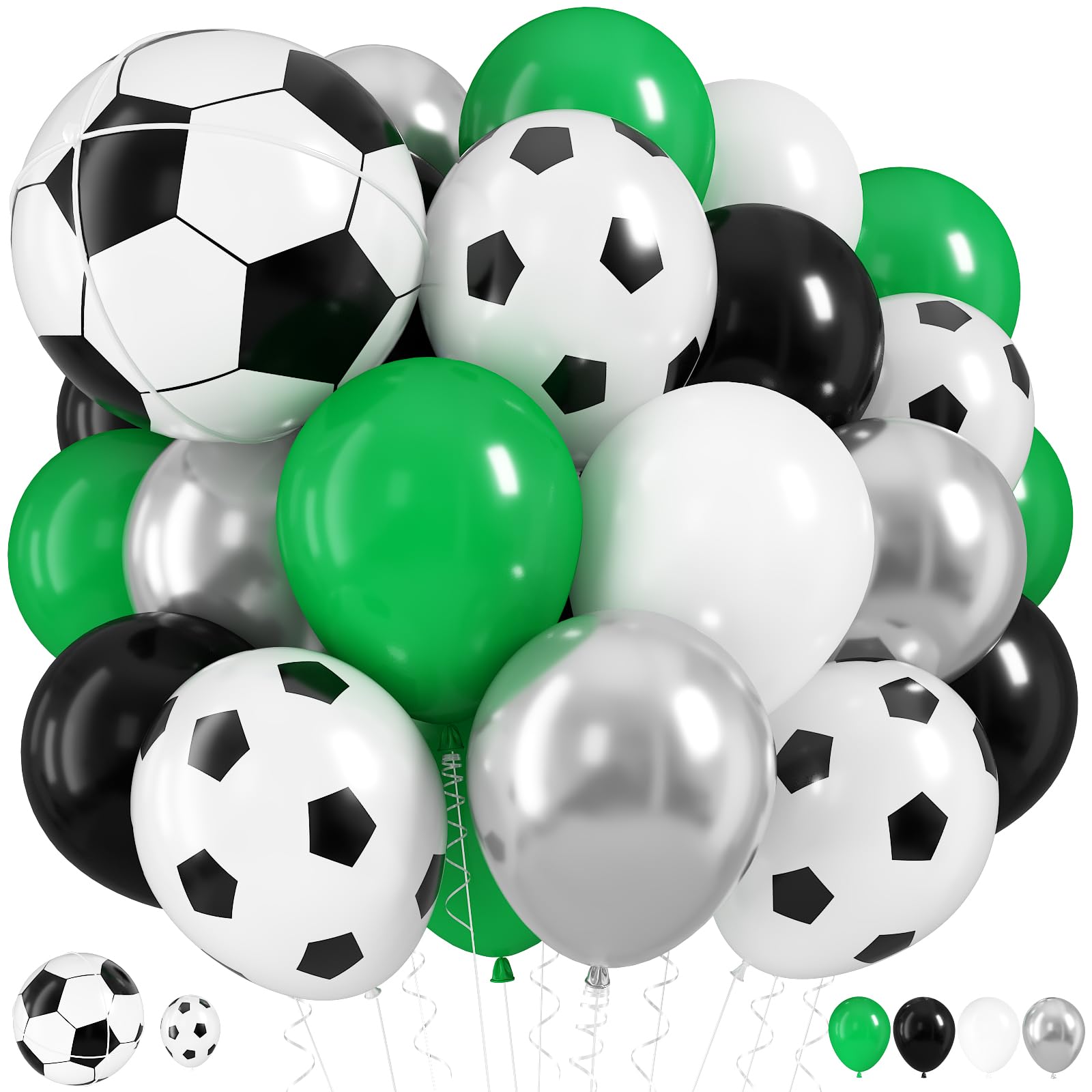 Football Balloons, 12 Inch Green Black White Metallic Silver Latex Balloons with Football Ball 4D Foil Balloon for Boys Kids Sport Theme Birthday Decorations Football Lover Men Party Baby Shower Decor — image 1