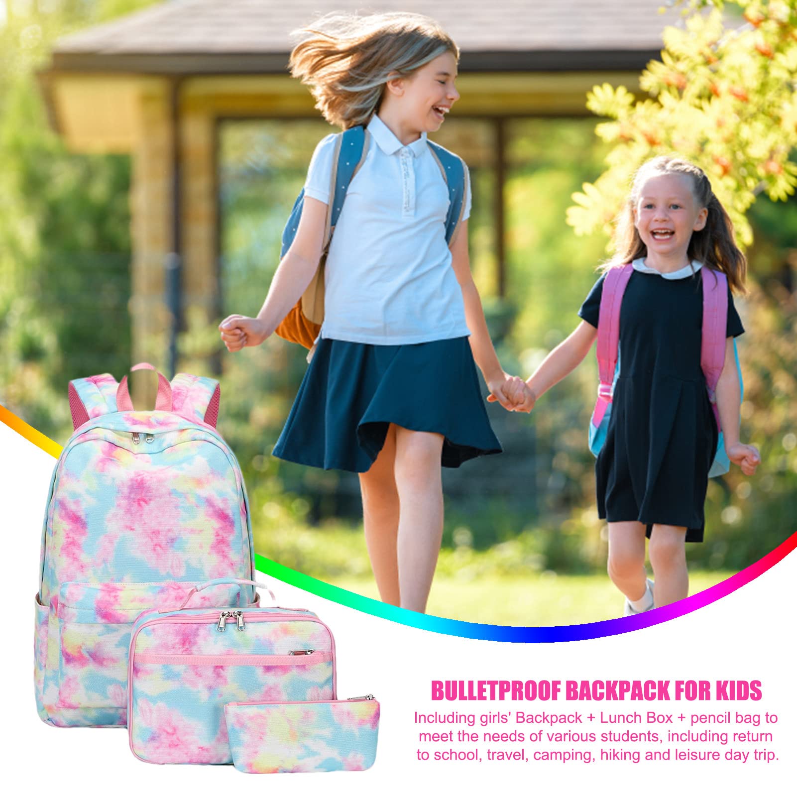 Set Zaino per Bambini Tie Dye | Set di Borse per Libri per Il | rientro a Scuola con Astuccio per Il Pranzo,Zaino per Computer Scolastico Tie Dye da 3 Pezzi Borsa per Libri per Studenti
