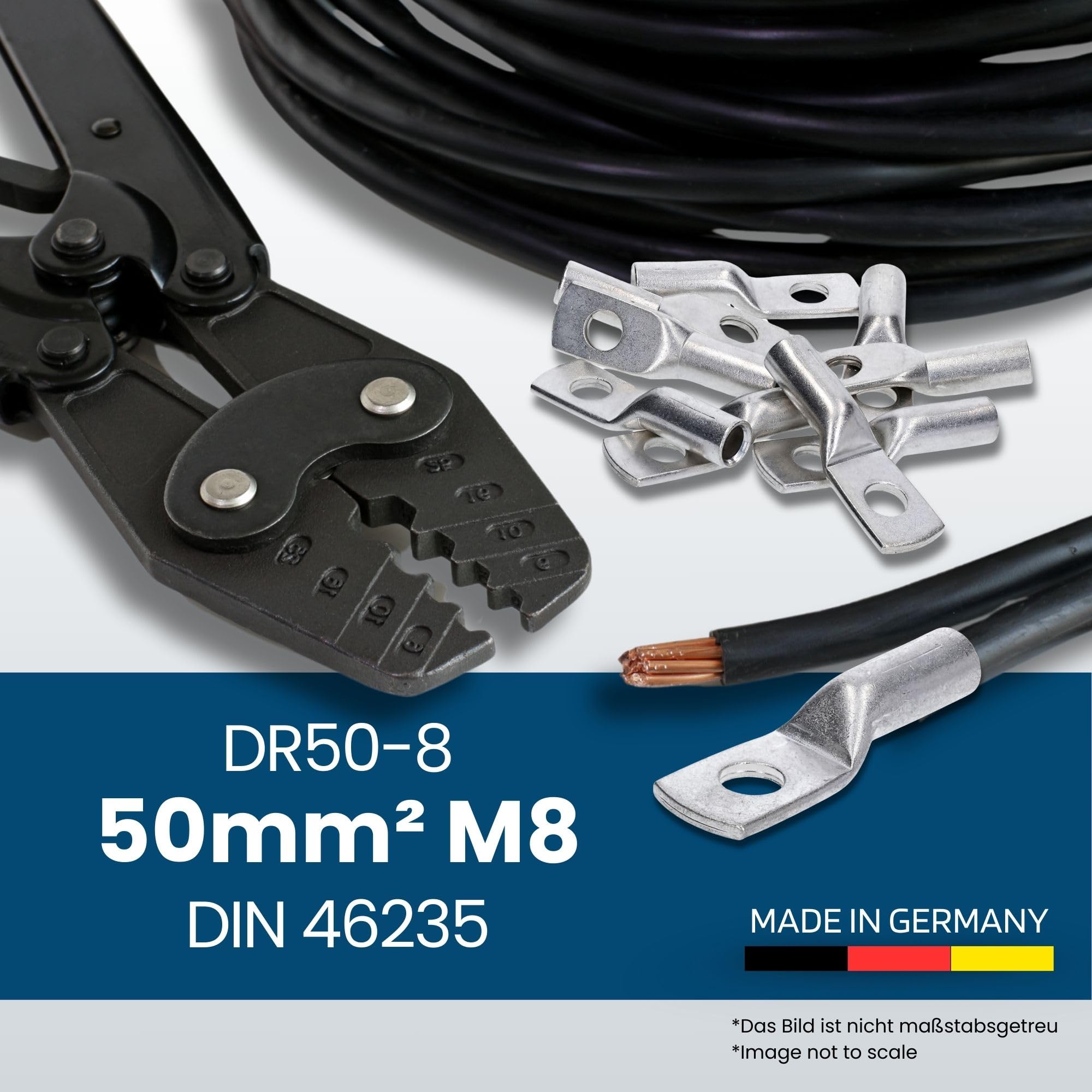 Kalitec DR50-8 Press-Kabelschuh 50mm² M8-10 Stück Kupfer Verbinder blank nach DIN 46235 - für eindrähliche, mehrdrähtige und feinstdrähtige Leitliche