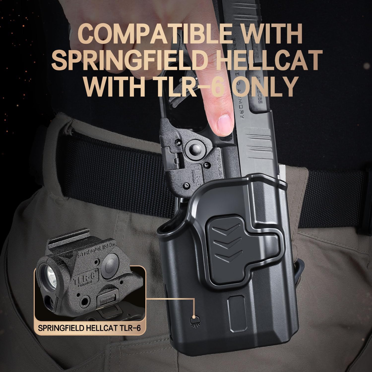 WARRIORLAND Hellcat TLR-6 OWB Holster Index Finger Release Fit Springfield Hellcat with TLR6, Outside Waistband Carry Holster for Hellcat TLR6, 360 Degree Adj. Belt Clip Fit 1.5-2.25 Inch Belt, Right