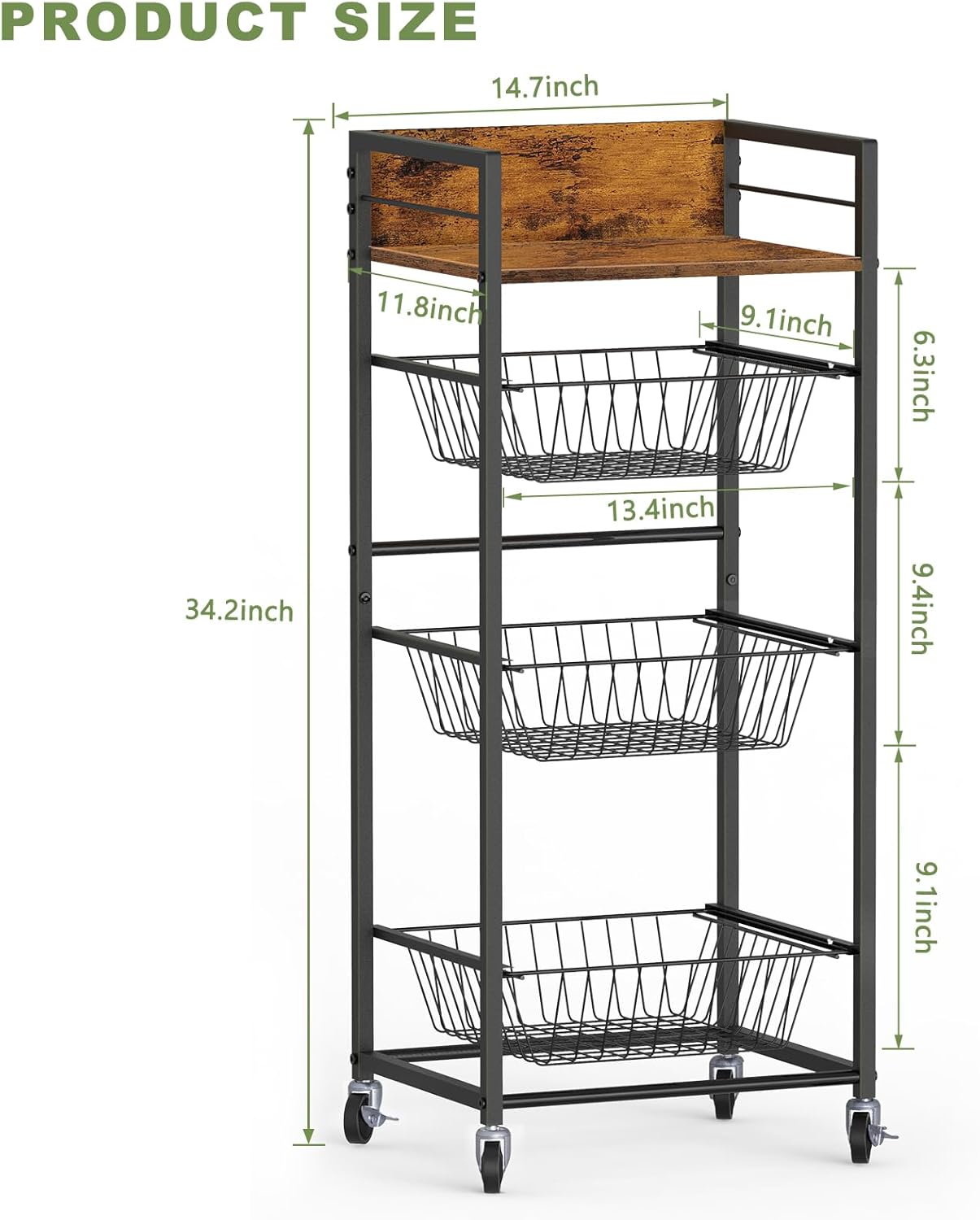 Shinoske 4-Tier Fruit Basket for Kitchen Rolling Storage Cart on Wheels with Pull-Out Baskets and Wooden Top for Living Room,Bathroom,Pantry,Corner,Rustic Brown