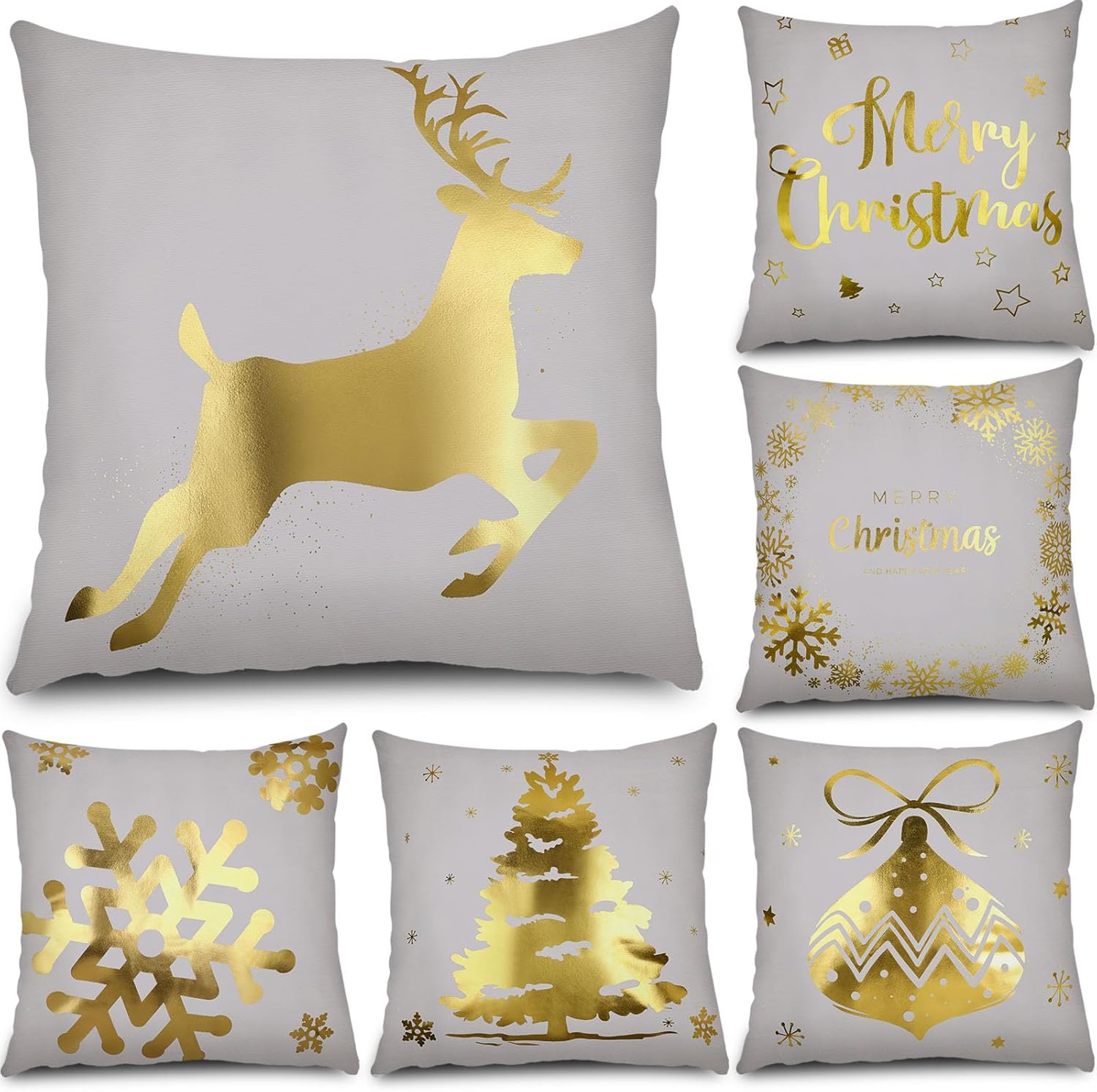 Tatuo Christmas Pillow Covers 18 x 18 Set of 6 Christmas Decoration Throw Pillow Covers Winter Holiday Decor Cushion Cases for Sofa Couch Bedroom Xmas Tree Snowflake Reindeer(Gray, Gold)