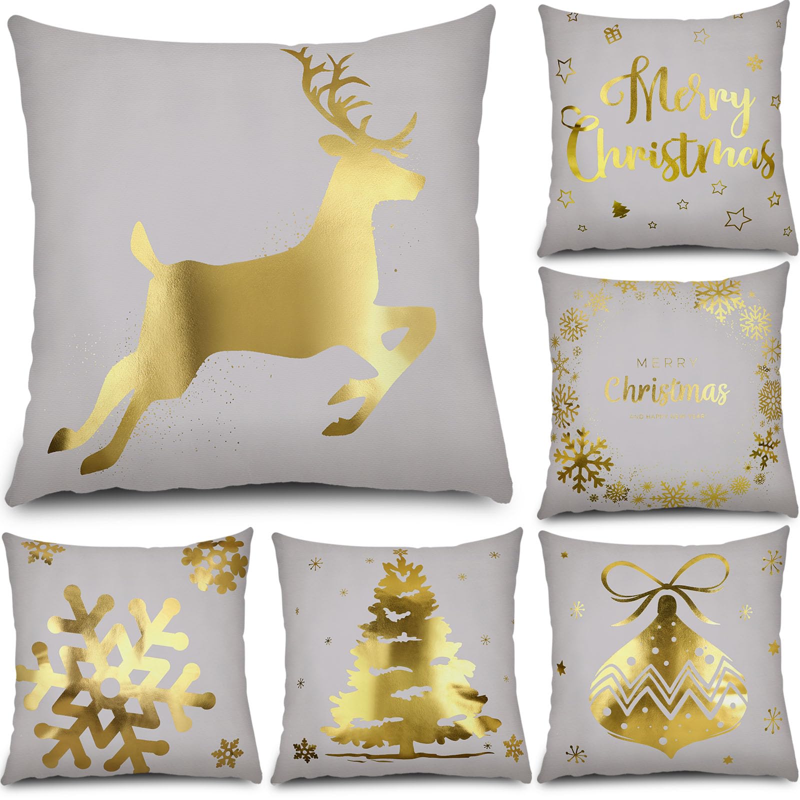 Taies d'oreiller Joyeux Noël en peluche de qualité supérieure gris et or 45x45