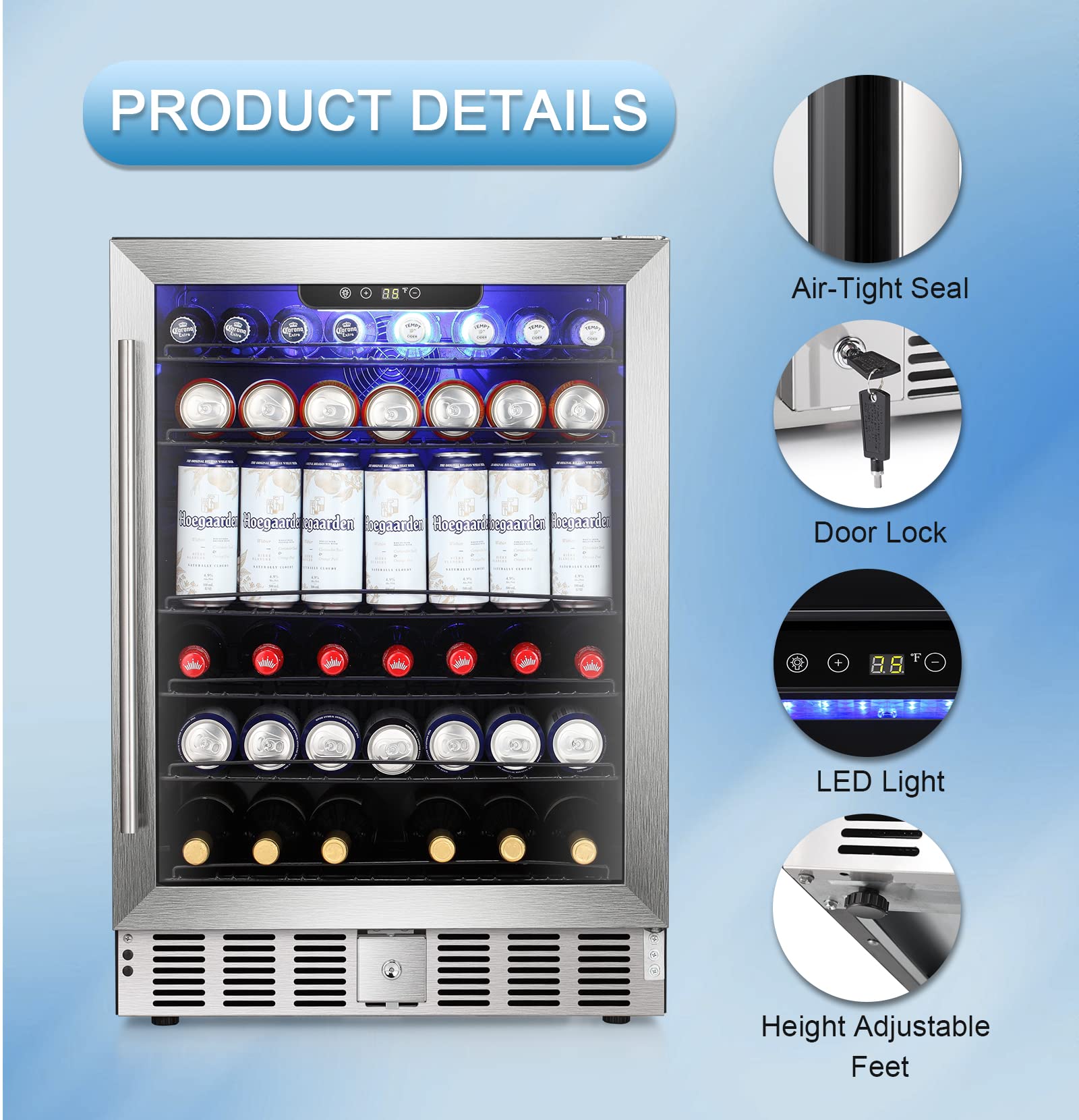 Antarctic Star 5.1 Cu.Ft Beverage Refrigerator,166 Can Wine Cooler,Low Noise,Transparent Glass Door, Efficient Cooling System With Safety Lock, For Home, Bar, Office, 24 Inch, Stainless Steel Silver on Fridge.com - View 5