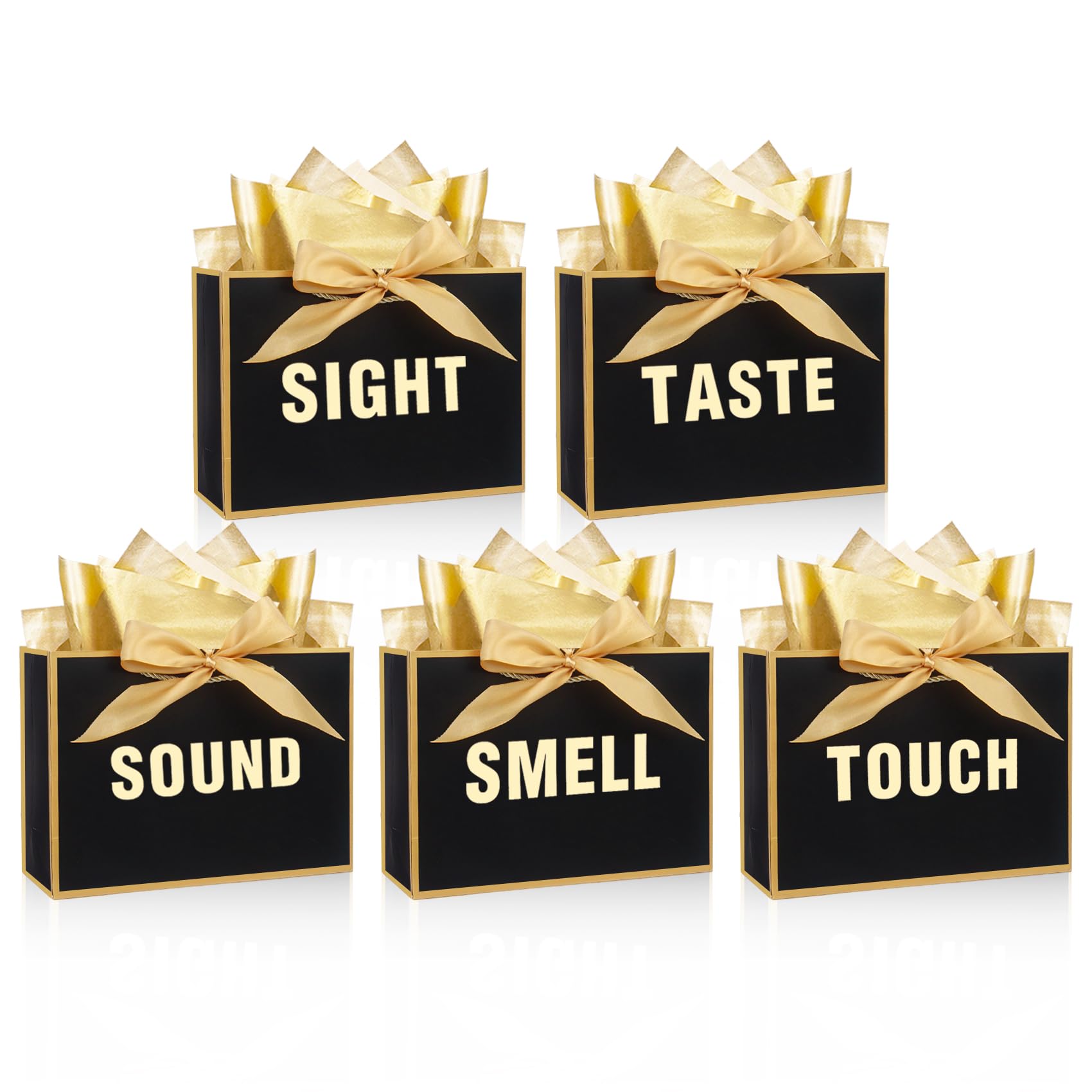 5 Senses Gift Bags with 10 Sheets Tissue Paper, 28×10×20 cm Reusable Gift Bags for Creative Gifting(Black and Gold)