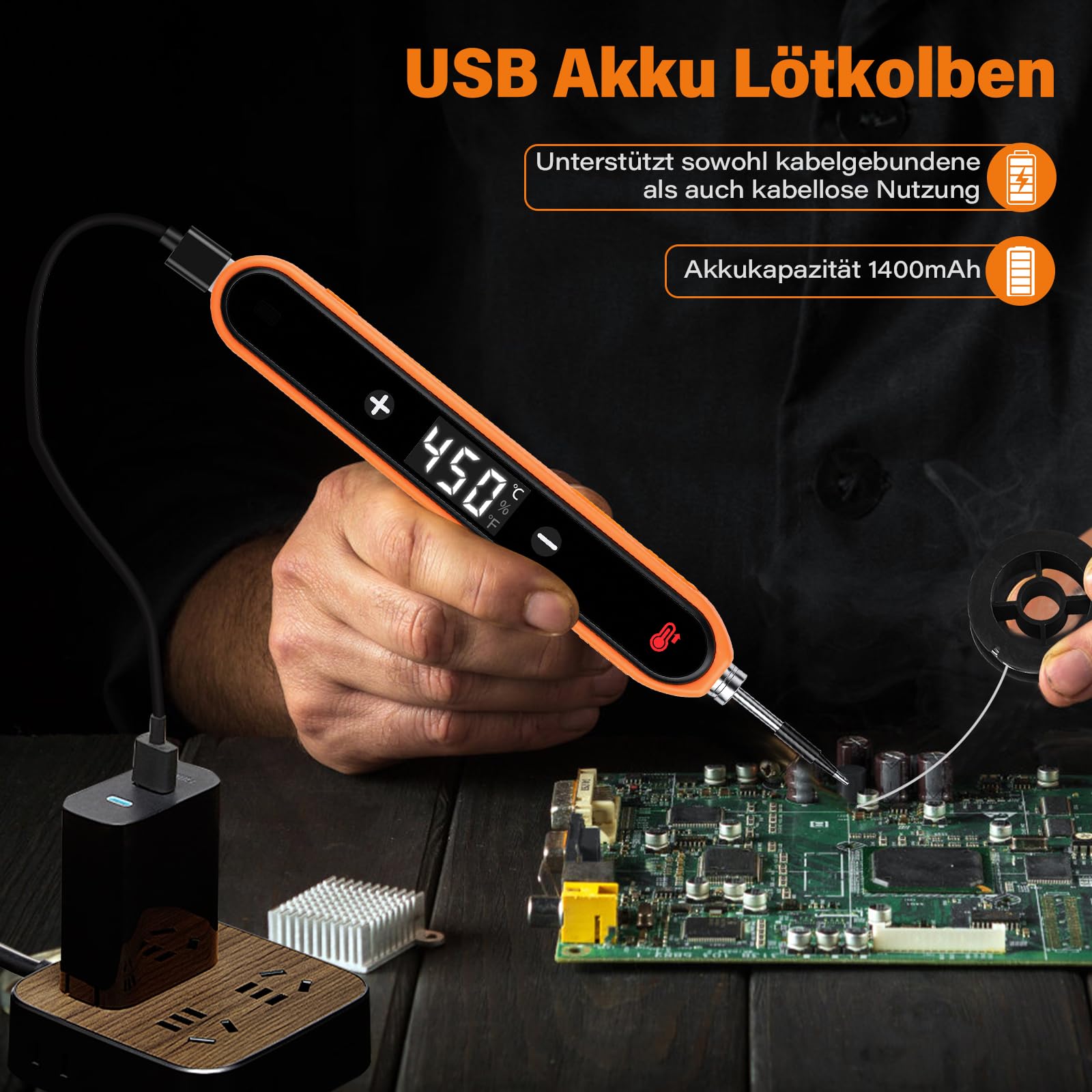 Fer à souder sans fil avec support, écran LCD, température réglable 180-450 °C, 3 pointes de soudure, fer à souder USB pour réparation de circuits imprimés, réparation de soudage - Orange