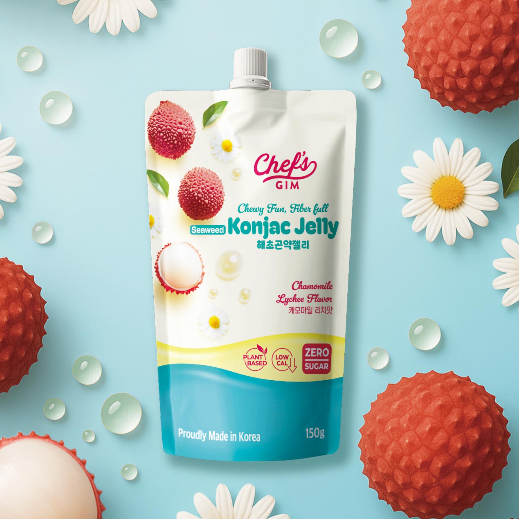 Chef’s Gim Konjak-Getränkegelee | 10er Set à 150g | Vegan, Kalorienarm, zuckerfrei & ballaststoffreich | 3 Sorten: Pfirsich-Schwarztee, Kamille-Litschi, Lavendel-Apfel-Mango (Kamille-Litschi)